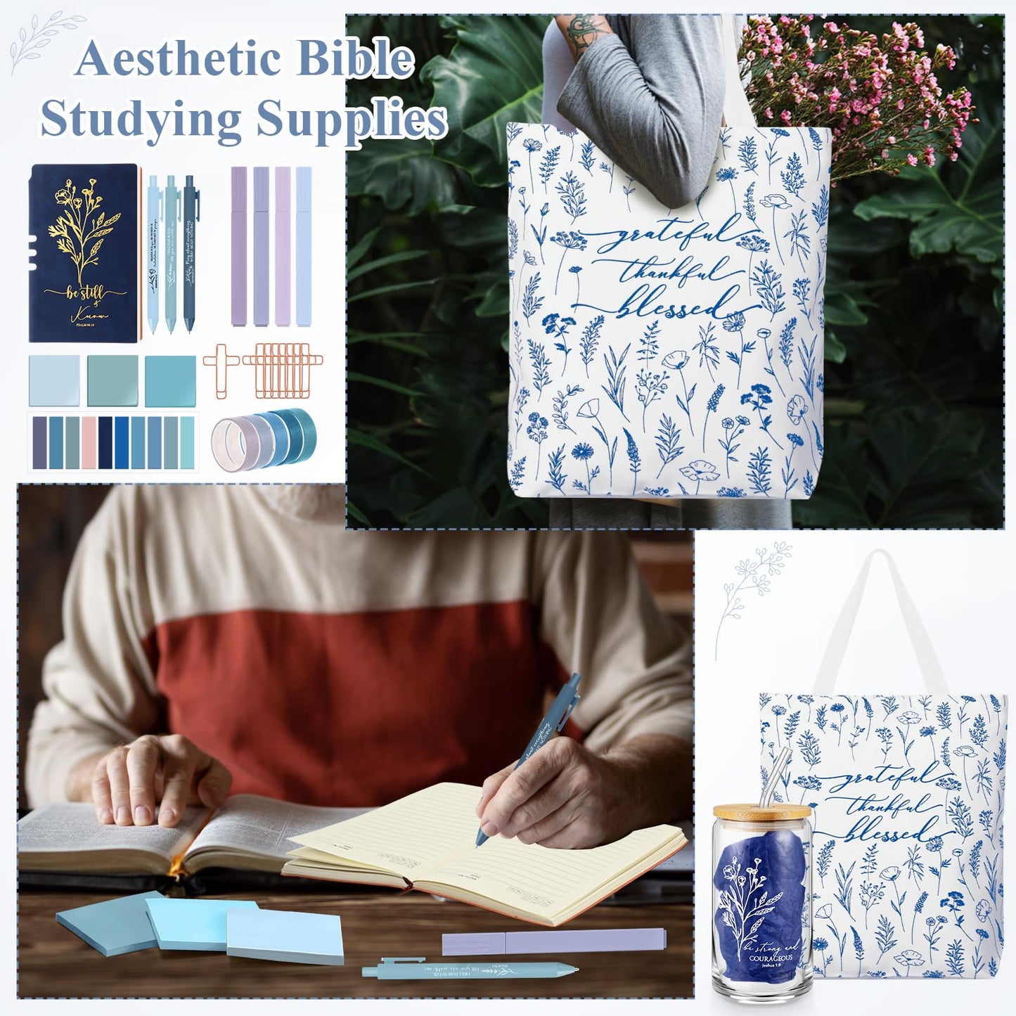Singhoow 29 Pcs Bible Journaling Supplies Kit 16 oz Glass Cup Canvas Bag Leather Notebook Highlighters Pens Sticky Note Tapes Bible Study Supplies for Women Father Sunday School Teacher(Boho, Blue)