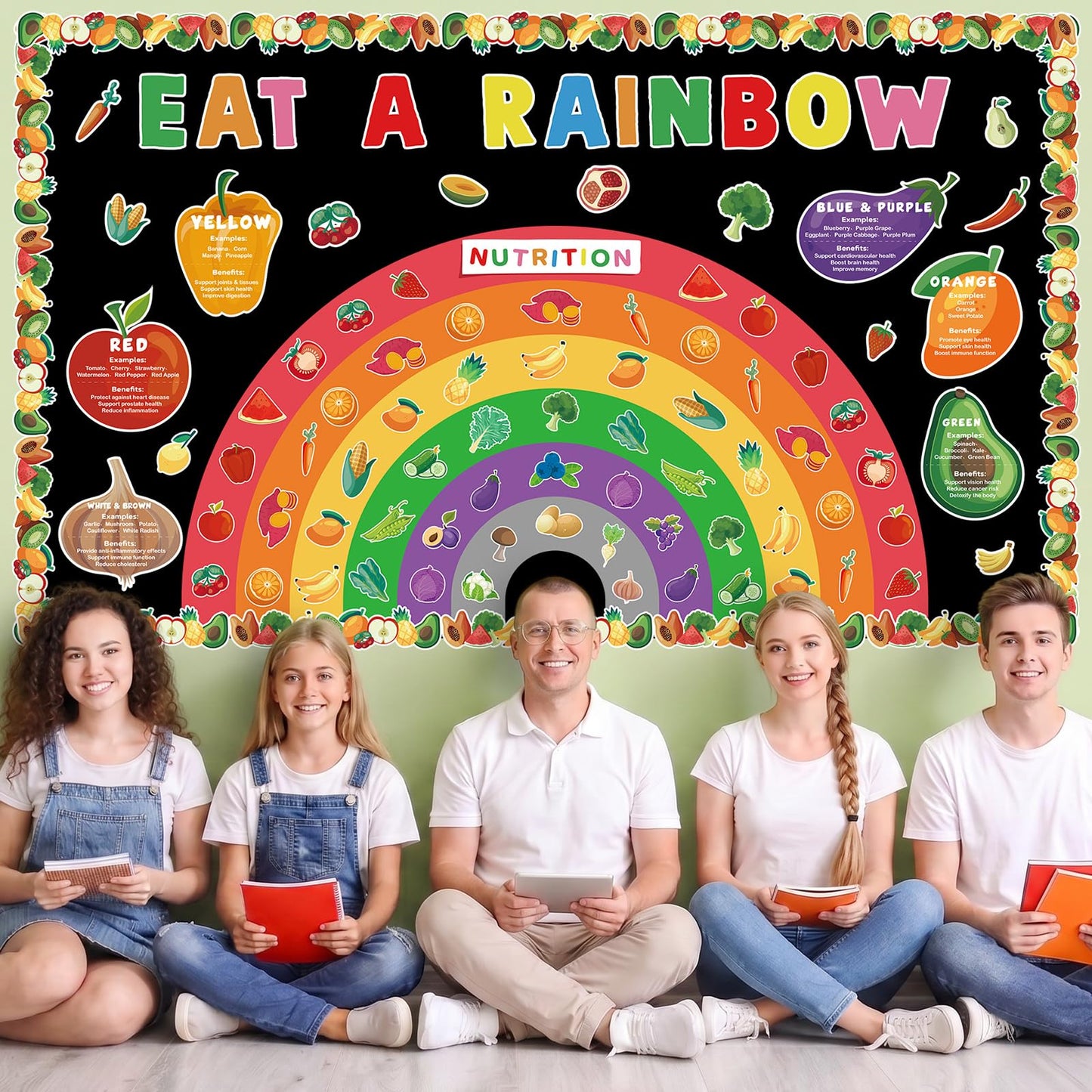 Eat A Rainbow Bulletin Board Set Healthy Food Fruit Vegetable Classroom Decoration Nutrition High Fiber Foods Cutouts Healthy Eating Board Border for Back to School Chalkboard Wall Decor Supplies