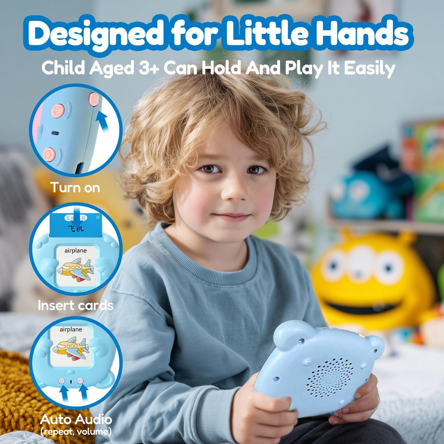 MoLingvora Bilingual Talking Flash Cards for Kids - Mandarin English Flashcards Children Adults, 510 Sight Words, ABC Alphabet, Pocket Speech for Toddlers, Audible Sensory Toys (Chinese, Blue)