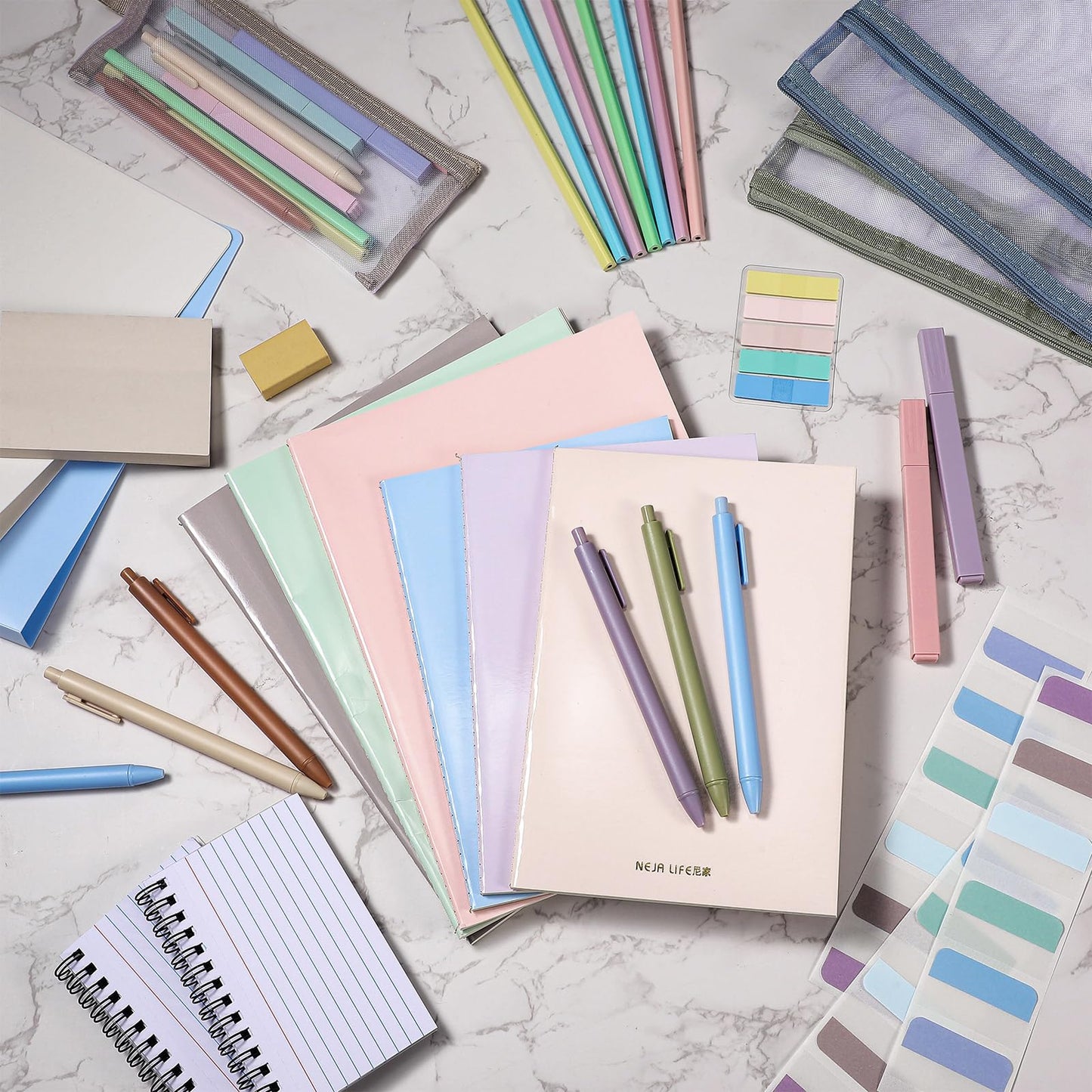 Colarr 54 Pcs Cute Notebook Stationery Set for Women, Bible Study Supplies, 6 Lined Notebooks, 36 Pens, Sticky Notes & Tabs, Bags & Folders for Work Journal Study College Office Supply(Morandi)