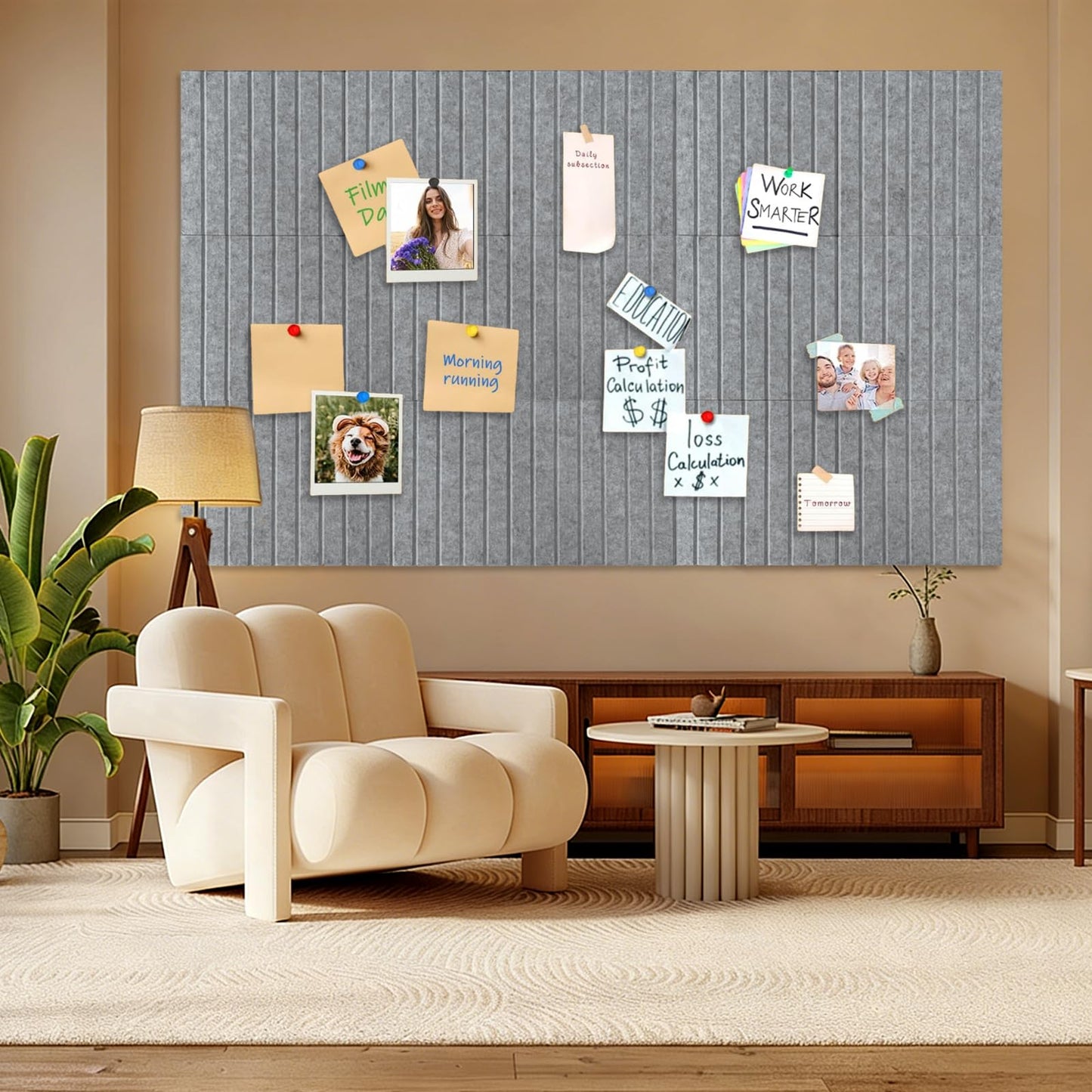 15 Pack Felt Bulletin Board, 35" x 59" Large Grey Pinboard with 30 Push Pins, Felt Pin Board, Self-Adhesive Cork Board Tiles for Home, Office Walls, School Classroom Message Photos Display