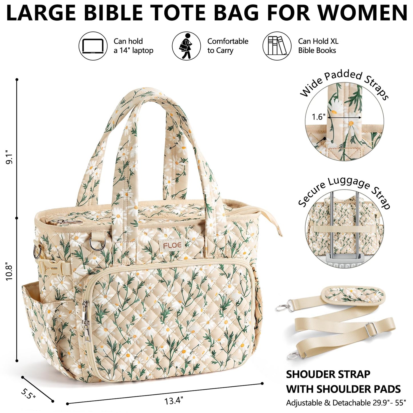 Large Bible Bag for Women Bible Cover Case, Quilted Puffer Bible Tote Bag Church Bag w/Shoulder Strap, Bible Study Supplies Journaling Kit Accessories Pen Tabs, Christmas Christian Gifts for Women Mom