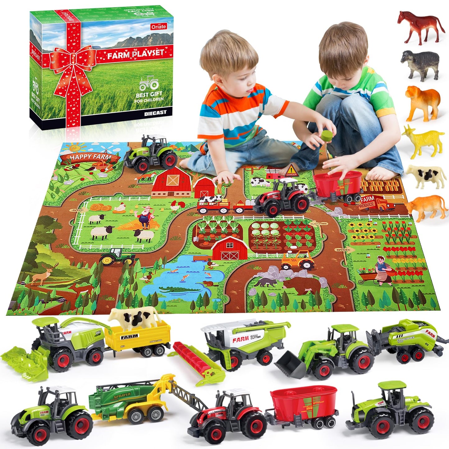 Oriate Farm Tractor Toys Vehicle with Animals & Activity Play Mat, 38Pcs Educational Realistic Kid's DIY Diecast Set, Kids Tractors Trailer Sprayer Cow Animal Toy Birthday Gift