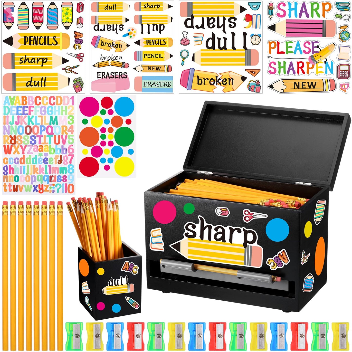 Watersay 108 Pcs Pencil Dispenser Kit for Classroom Wooden Sharp and Dull Pencil Holder 50 Pencils 50 Sharpener 6 Sticker Classroom Teacher Must Have Straw Dispenser for Back to School(Black)
