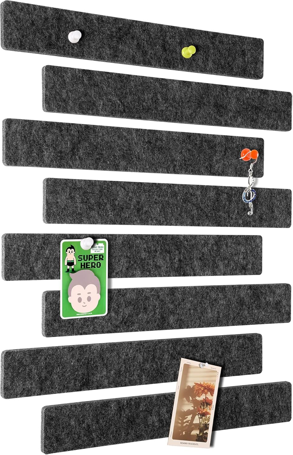 GoTiling Cork Board for Walls - 8 Pack Felt Pin Board Bar Strips - Self-Adhesive Lightweight Bulletin Board - Cork Board for Office with 40 Push Pins No Damage for Wall (Dark Grey)