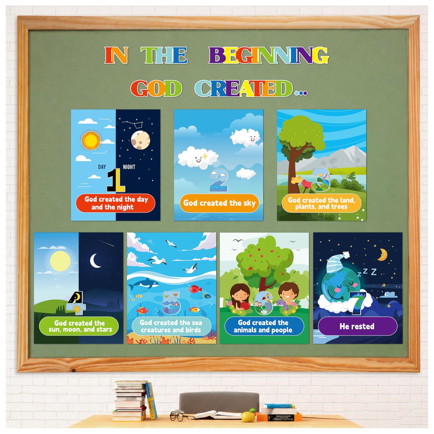 HoniedPepperino 7 Days of Creation Poster - 13.7x11in God Created The World Educational Paper Wall Art for Sunday School Decorations, Back to School Teacher Supplies & Bulletin Board for VBS