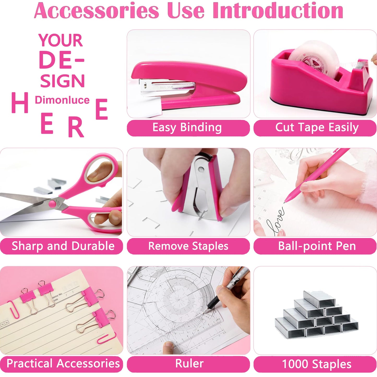 Dimonluce Hot Pink Desk Accessories, Hot Pink Office Supplies Accessories with Tape Dispenser, Stapler, Staple Remover, 1000 Staples, Tape, Clips Set, Ruler, Scissor, Pen