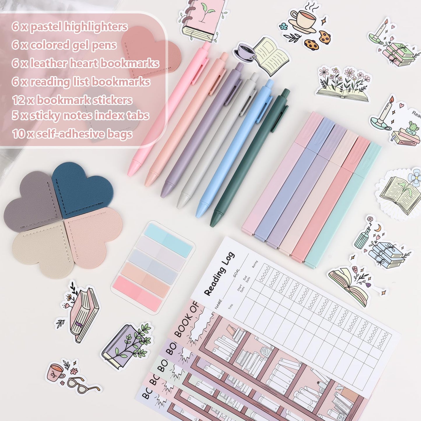 52 PCS Aesthetic Book Annotation Kit 6 Pastel Highlighters and Gel Pens Reading List Bookmarks Sticky Notes Index Tabs Stickers Bible Pages Self-Adhesive Bag for Book Lovers Gifts Book Accessories