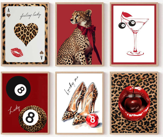 6Pcs Red Trendy Leopard Wall Art Fashion Cheetah Canvas Wall Decor Lucky 8 Ball Posters Prints Vintage Aesthetic Preppy Room Pictures Paintings for Girls Bedroom Apartment Dorm Unframed
