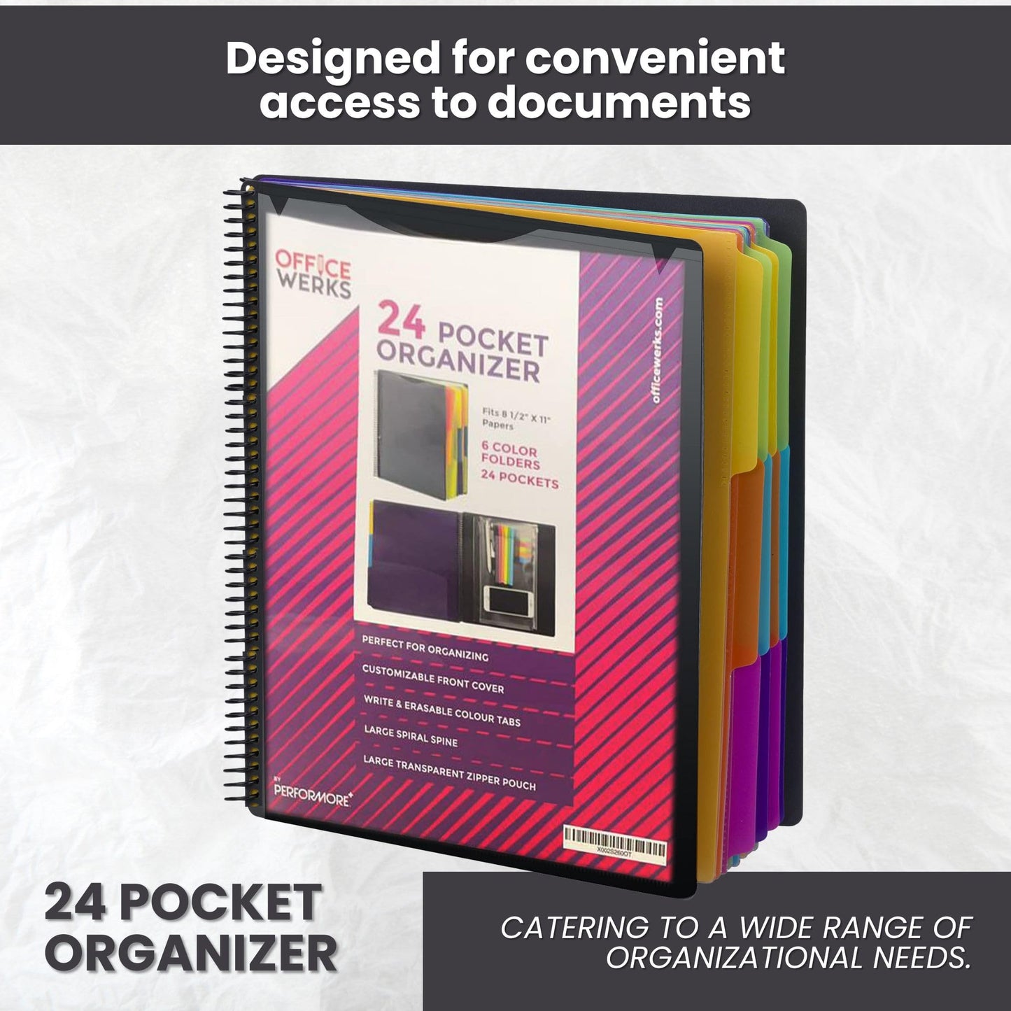 Performore 24 Pocket Spiral Project Organizer with 12 Dividers, Fits 8.5" X 11" Letter Size Papers Folder with Dividers, Front and Back Customizable Covers, Erasable Write On Tabs for Documents Files