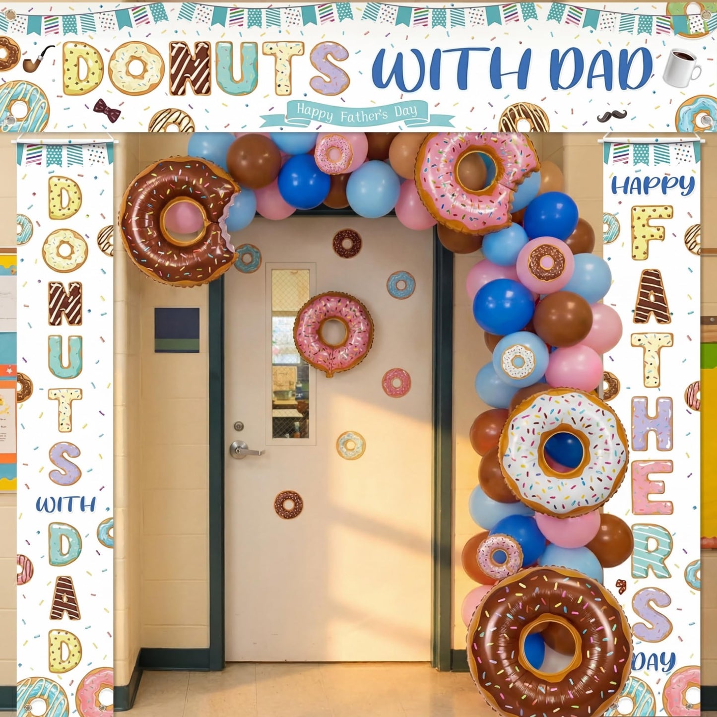 Fanfanwin 3 Pcs Happy Father's Day Banner Donuts with Dad Decorations Donuts Sprinkles Father Day Decor I Love Best Dad Ever Background Thank You Appreciation Party Supplies for Door Yard Decor