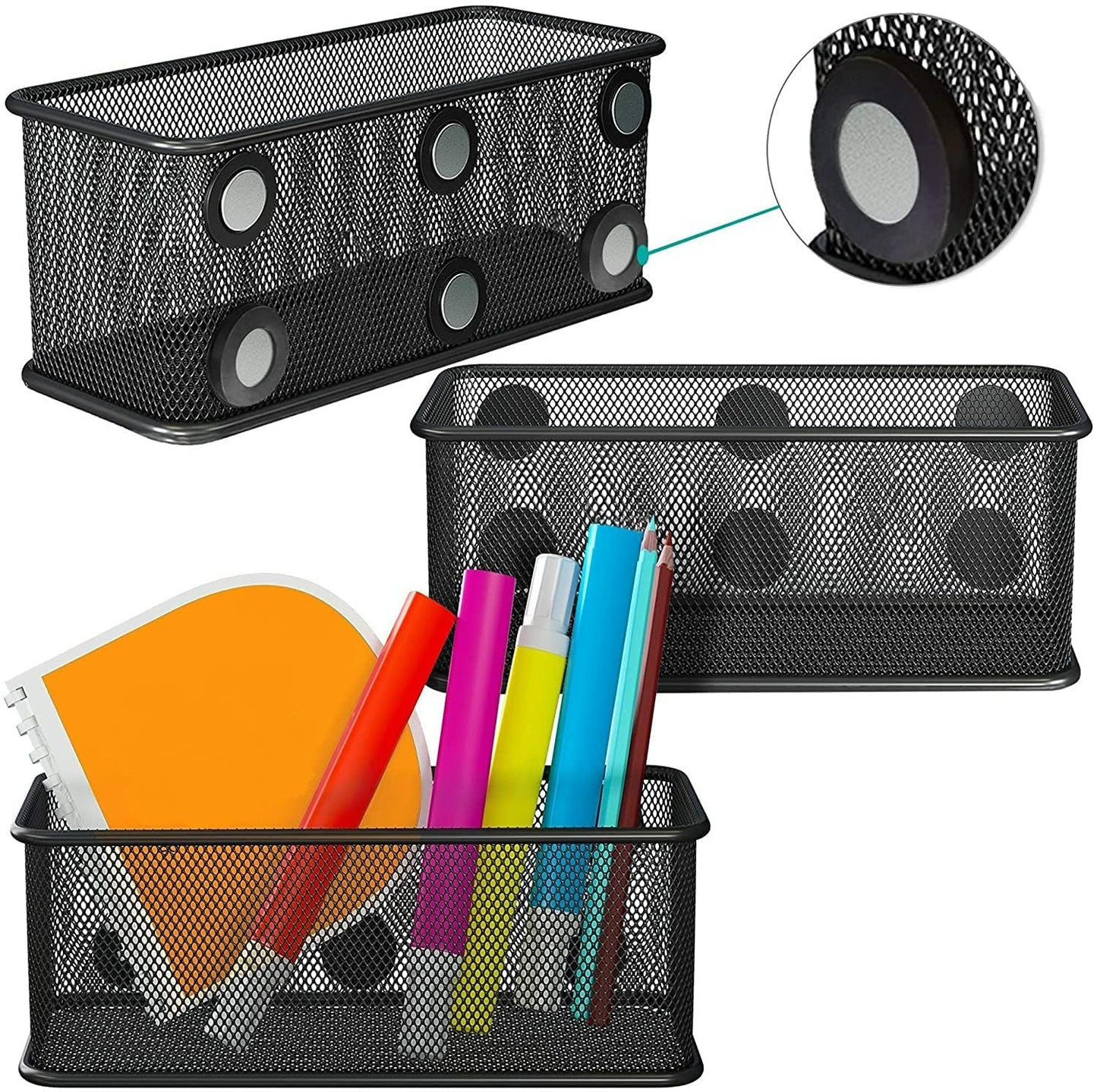TAPBULL Mesh Magnetic Storage Baskets - Set of 3 (Black) with Anti-Slip Feature and Strong Magnets - Magnetic Locker Organizer and Pencil Holder for Whiteboard and Refrigerator (Black-3 pcs)