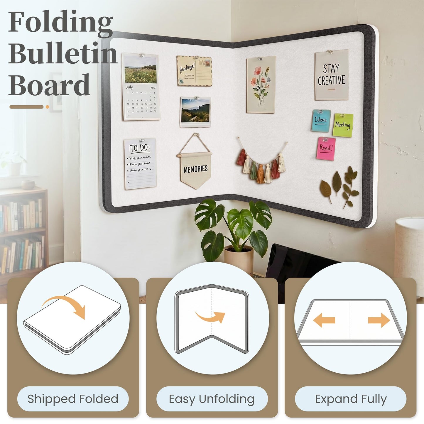 KERRAM Bulletin Board, 48 x 36 inches Decorative Felt Board Foldable Photo Board Pin Boards, Cork Board Alternative for Walls, Office, Home, Classroom with Pushpins ＆ Small Storage Bag, Black