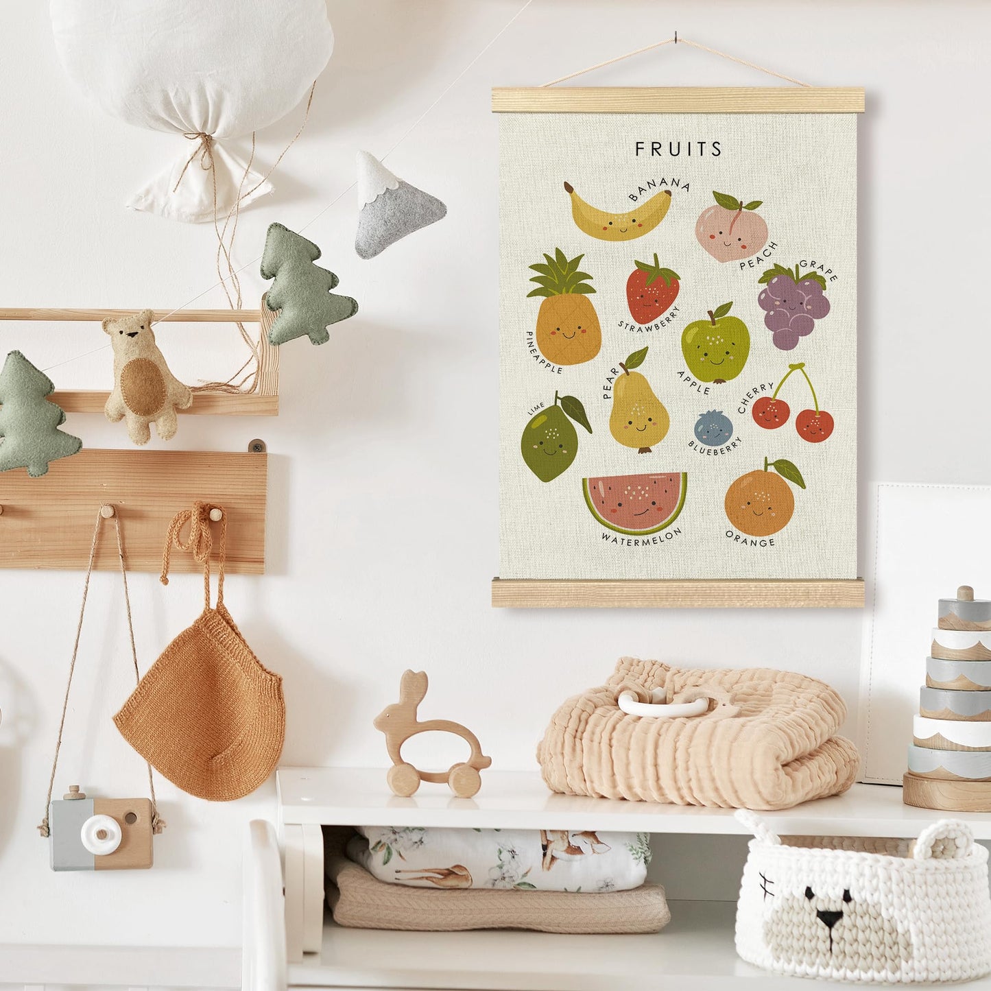 BCUANGD Fruits Vegetables Wall Decor - Toddlers Kids Preschool Poster Hanger with Wood Frames, Fruits Educational Learning Wall Hanging Canvas Decor for Kids Room Nursery Home, 12x16 Inches