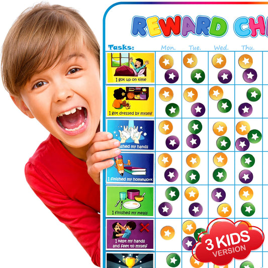 Large Magnetic Reward Chart for Multiple Kids (1-3 Kids) - 127 Pre-Written Stickers (Including Potty Training) + 30 Custom Chores - Behavior, Responsibility & Incentive Star Chart for Your Fridge