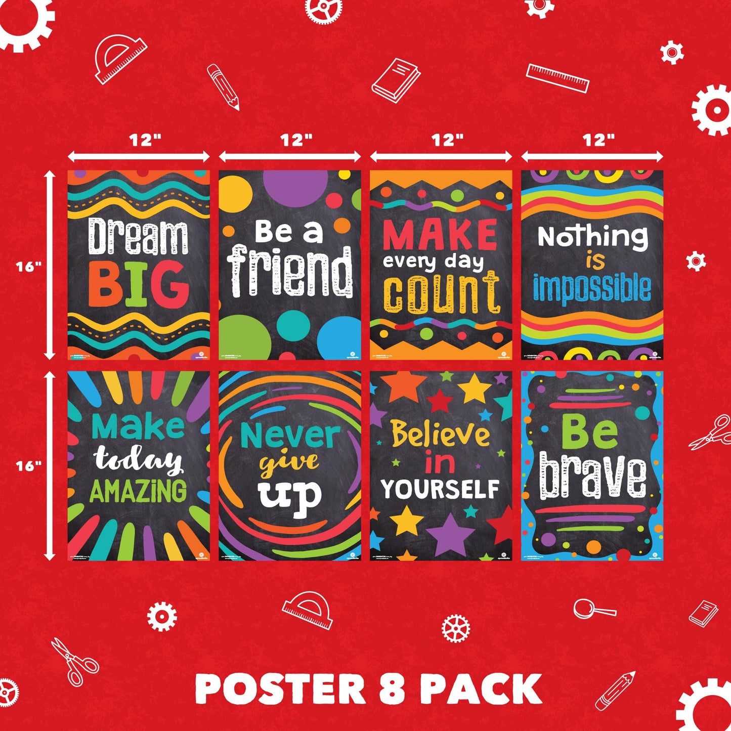Sproutbrite 8 Pack Motivational Posters for Classroom – 12” x 16” inspirational Banners and Wall Decor for Pre, Elementary, Middle School and Homeschool - Encourages Daily Motivation and Goal-Oriented Behavior