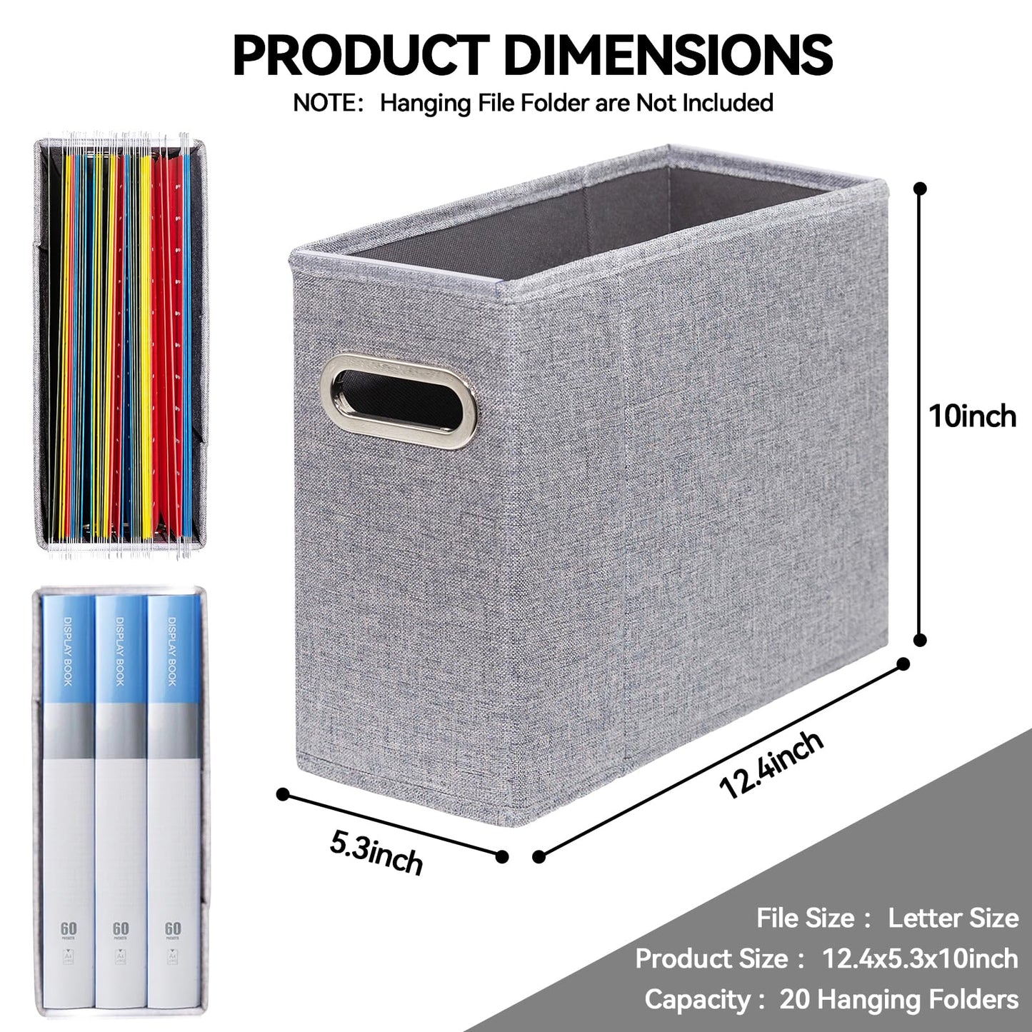 ComfortKeeper 4 Packs Letter Size File Organizer, File Folders Organizer, Fabric Storage Box, Collapsible Paper Organizer with Metal Handle, Smooth PVC Rails, Only Box (Gray)