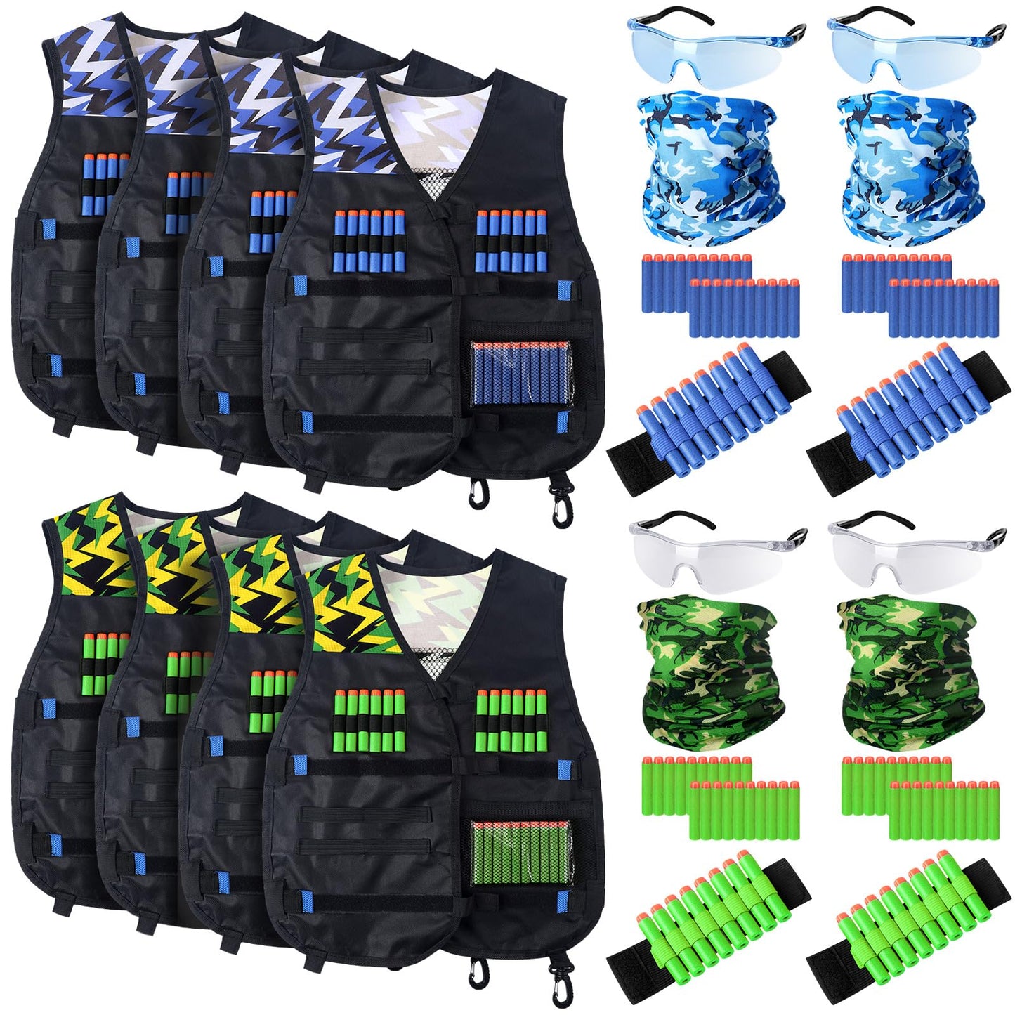 Sosation 12 Sets Kids Tactical Vest Tactical Party Supplies Favor Accessories, Face Mask Wrist Holder Toy Gift (Green and Blue)