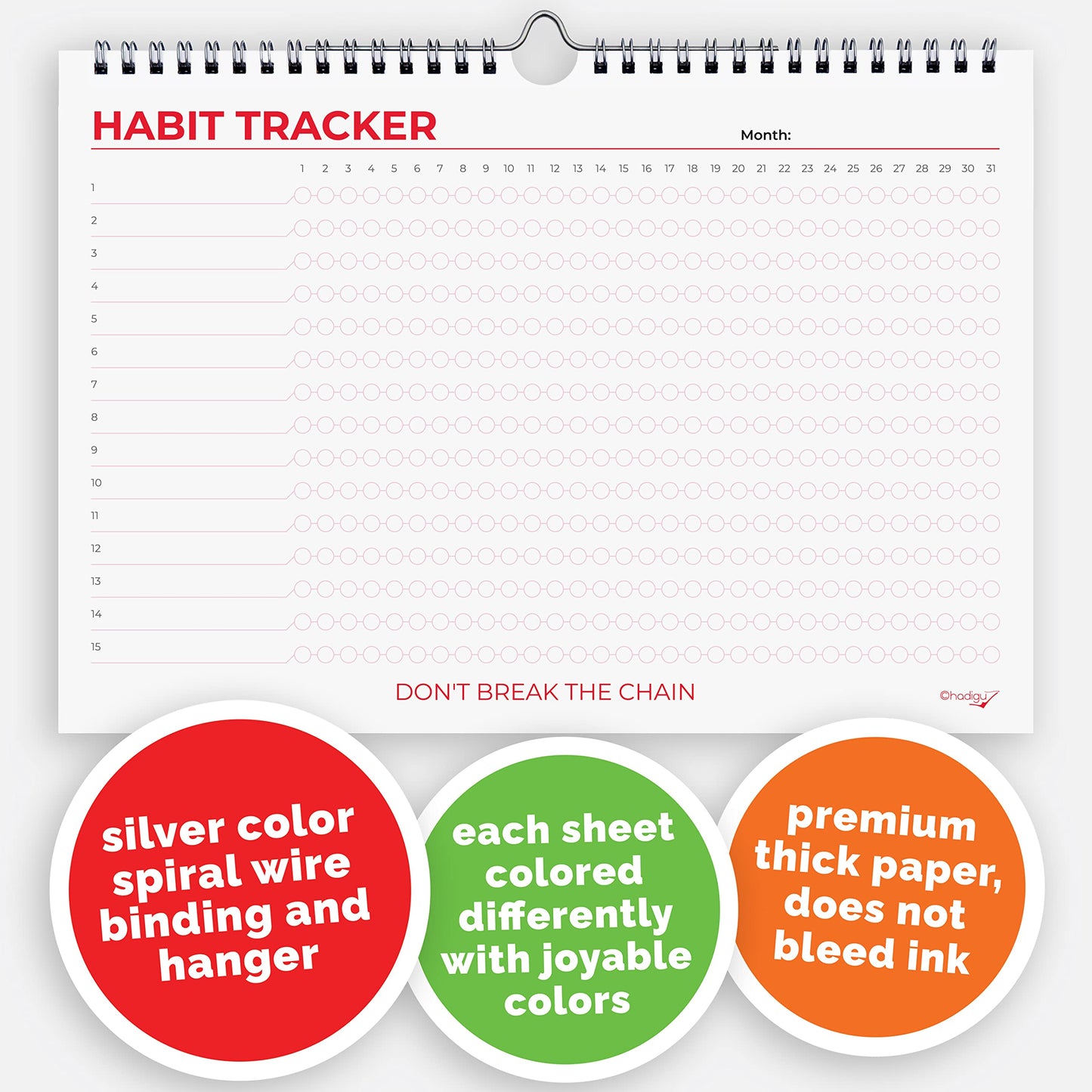 Hadigu Habit Tracker Calendar (Undated 12 Month) Colorful Motivational Design, Spiral Bound and Hanger, A4 Size (8,3"x11.7") Quality Heavy Paper, Monthly Habit Tracker Journal, Goal Tracker, Workout