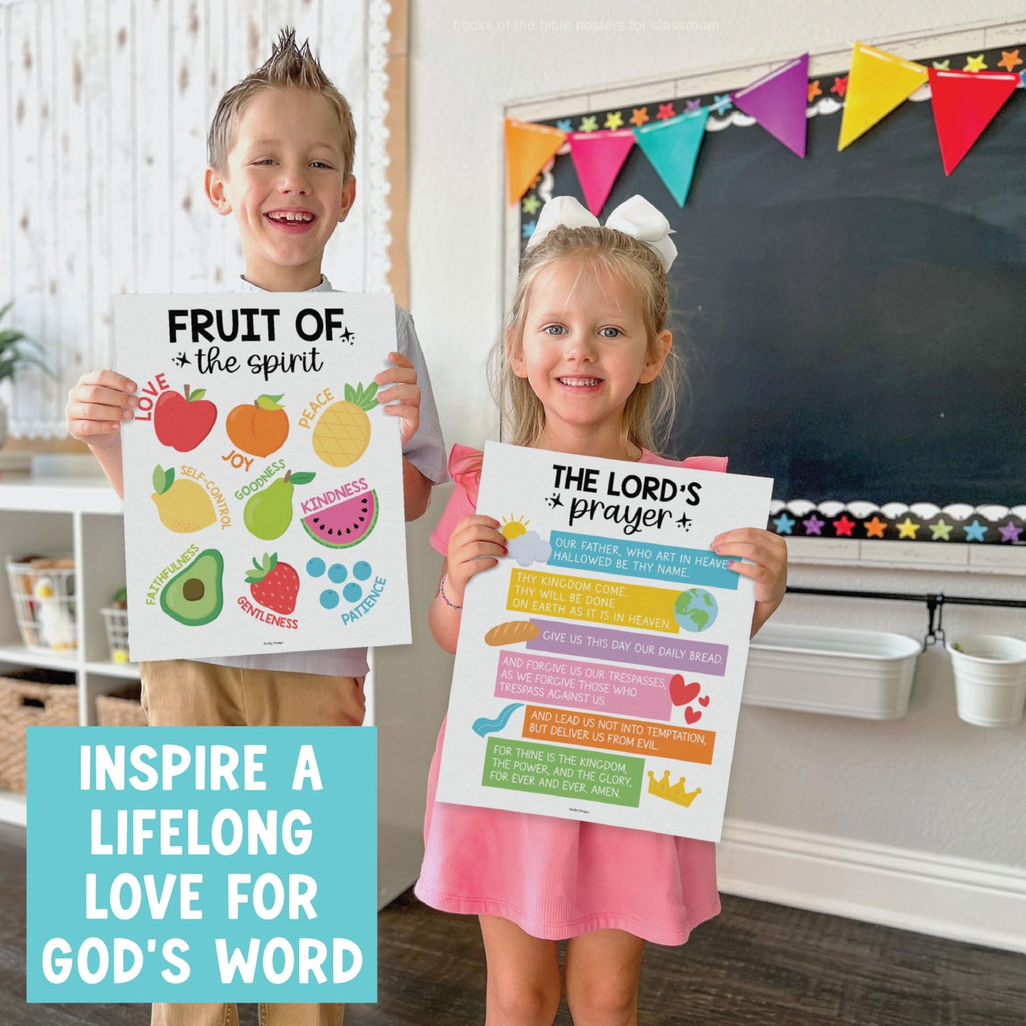 Hadley Designs Sunday School Decorations for Classroom –9 Bible Posters for Kids, Books of the Bible, 10 Commandments, Bible Timeline Chart, Fruits of the Spirit, Rainbow Christian Classroom Decor