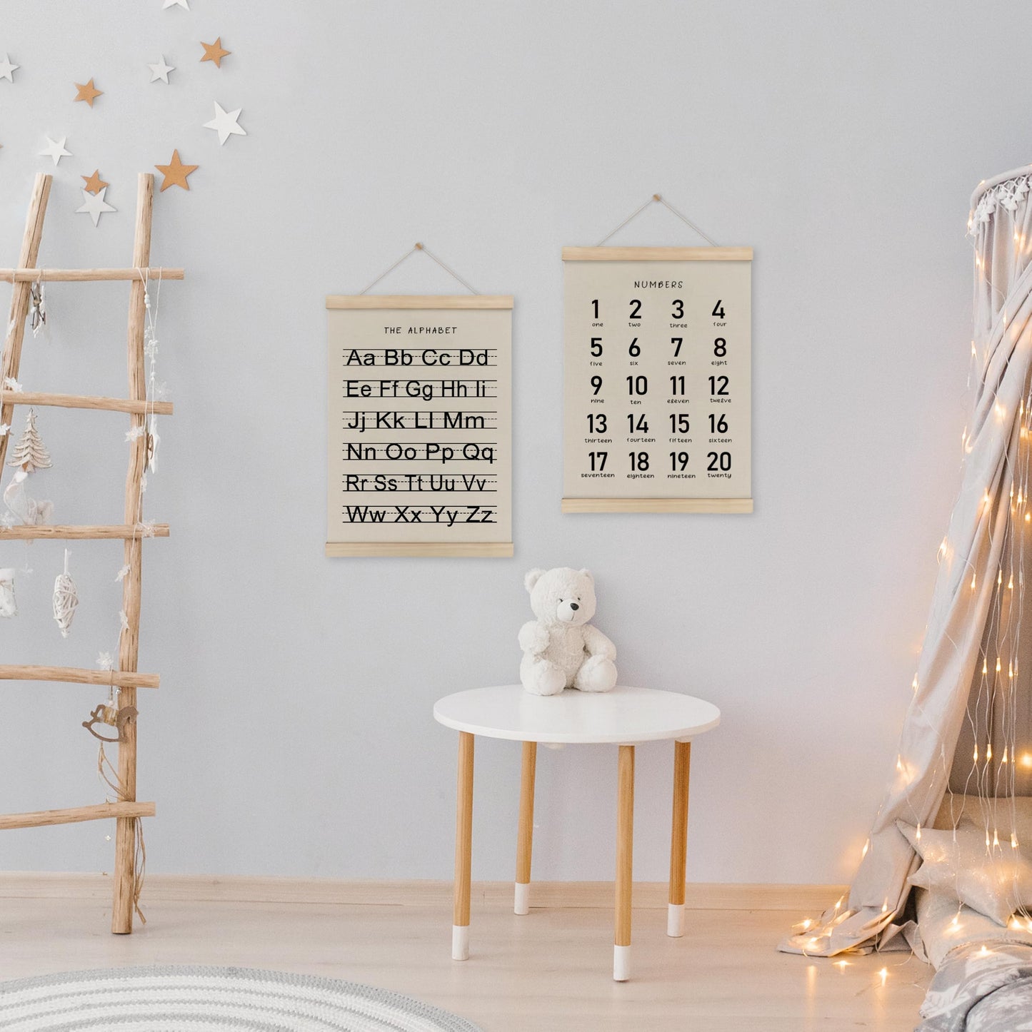 HRQKO Alphabet Numbers Poster Hanger Frame Set of 2, Nursery Wall Decor, Black ABC Poster Wall Art with Wooden Frames, Alphabet Banner Wall Hanging Decor for Boy Toddler Room Playroom, 12x16 Inch