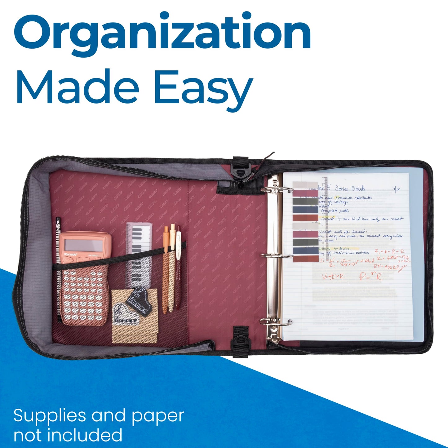 Case-it Classic Zipper Binder | 2-Inch O-Rings, 350 Sheet Capacity, Multiple Storage Pockets & Shoulder Strap | School & Office Organizer | D-251 Burgundy