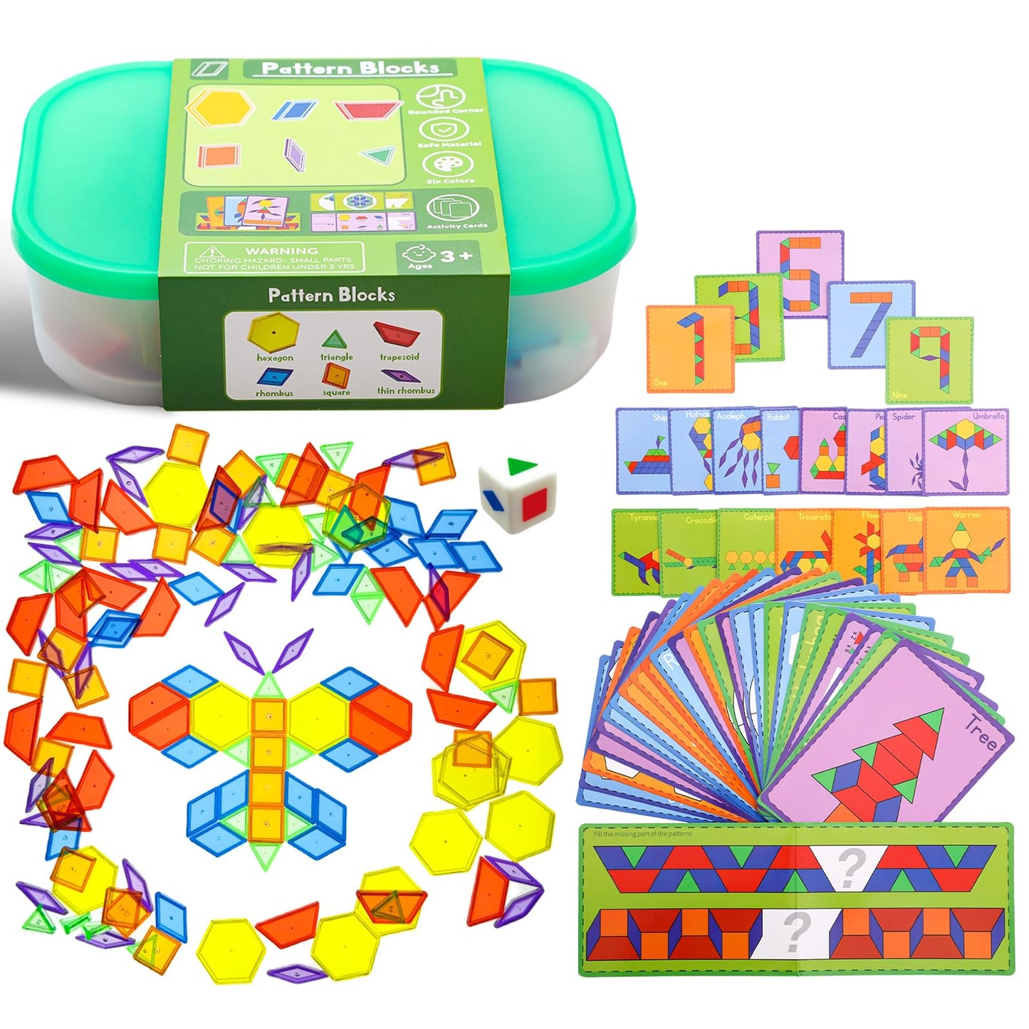 Odoorgames Translucent Math Blocks, Engaging Math Toy - 140 Pcs Translucent Pattern Blocks,Geometric Shapes,Translucent Toys