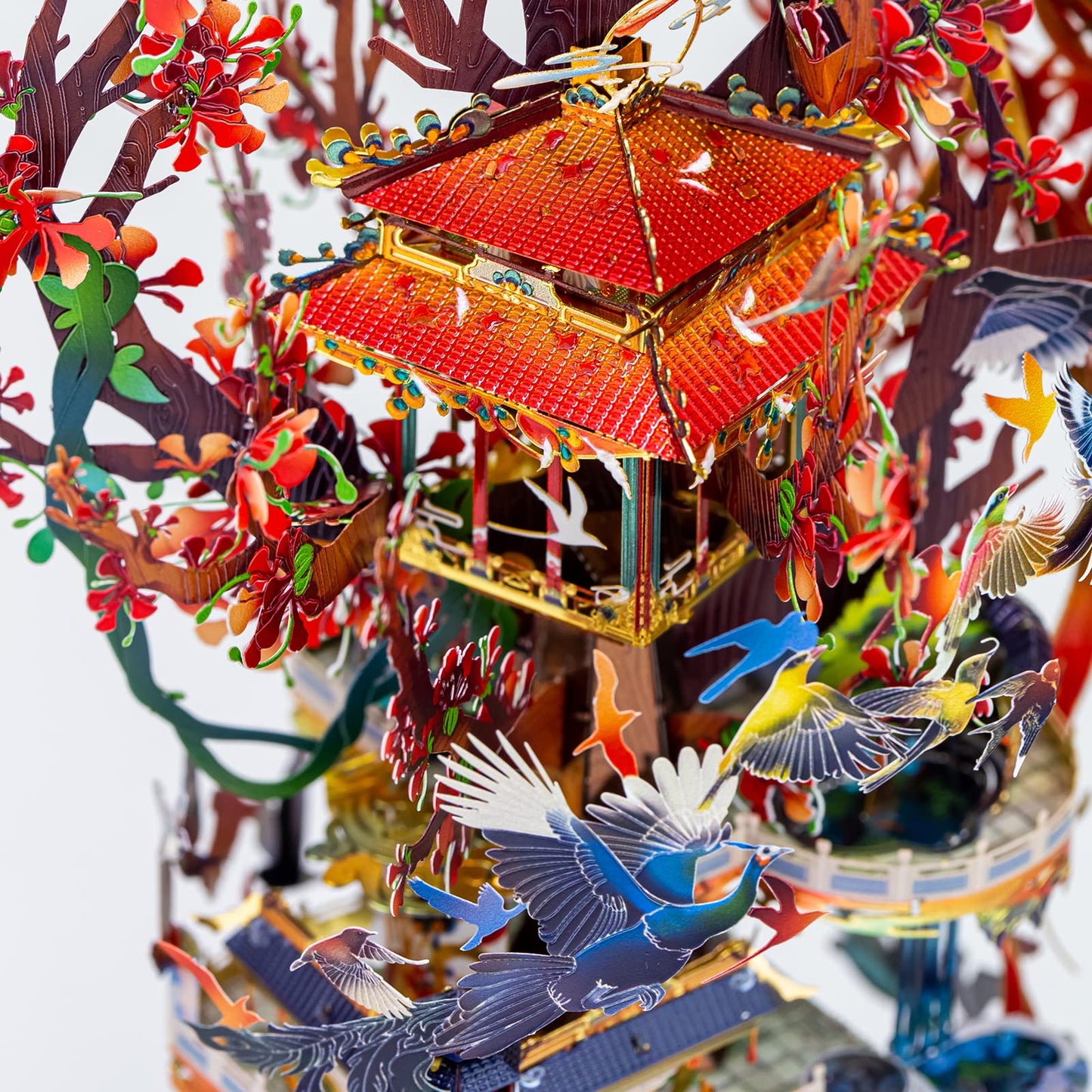 MU 3D Metal Puzzle Magic Fire Phoenix, Birds' Praise to Phoenix Metal Model Kits Building, Lighting Ancient Chinese Palace with Bracket DIY Miniature Building, Birthday Housewasrming Gift Home Decor