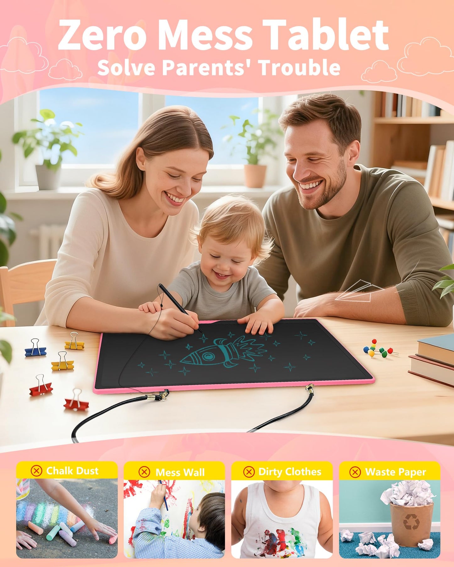 [Rechargeable] 20 Inch LCD Writing Tablet for Kids, Extra-Large Drawing Tablet for Adults, Educational & Learning Toys for Boys Girls Ages 8-12 Years Old, Drawing Board for Kids Birthday Gift (Pink)