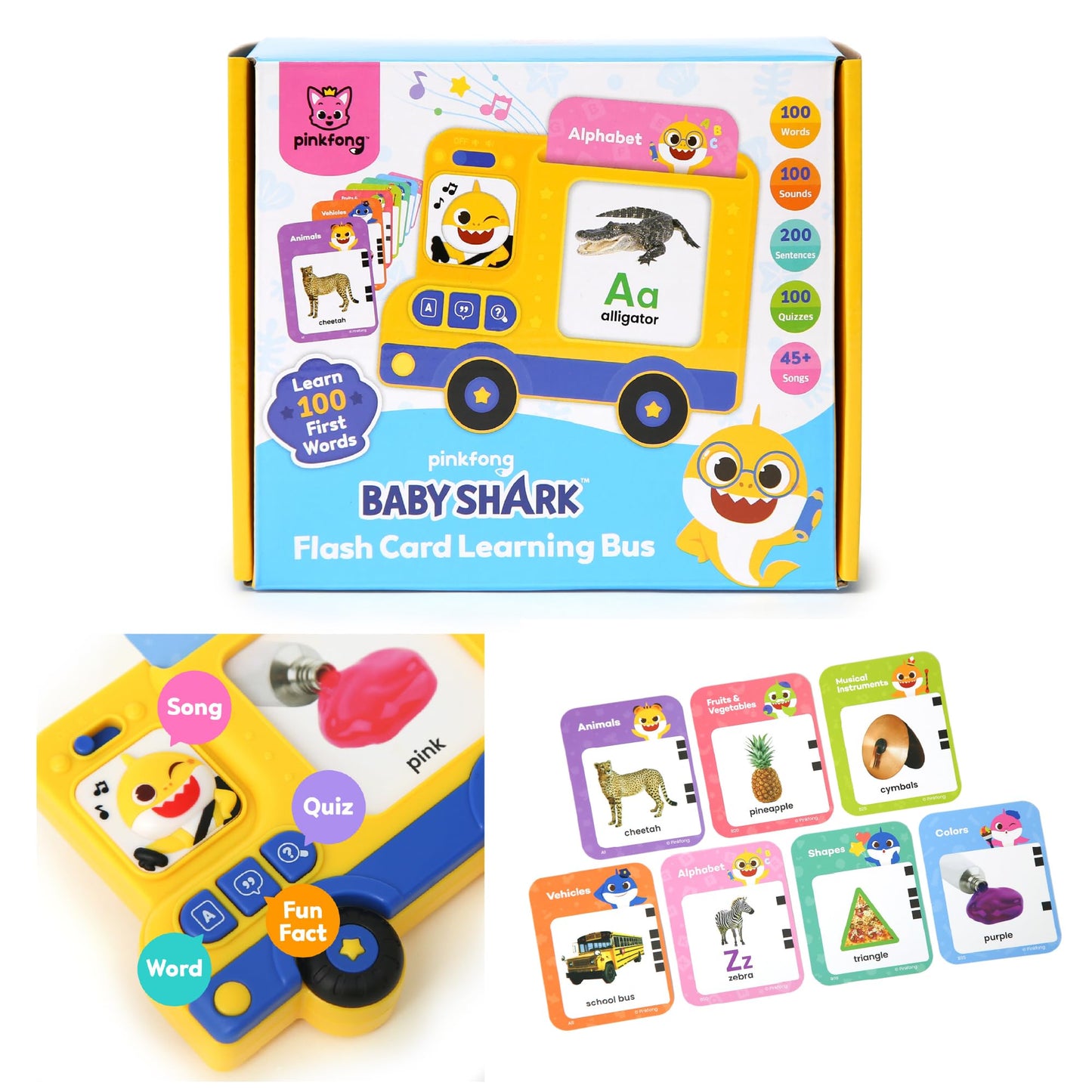 Pinkfong Baby Shark Flash Card Learning Bus – 545 Learning Contents (Words, Sounds, Sentences, Quizzes & Songs), 50 Double-Sided Cards, Interactive Educational Toy for Toddlers 1–3
