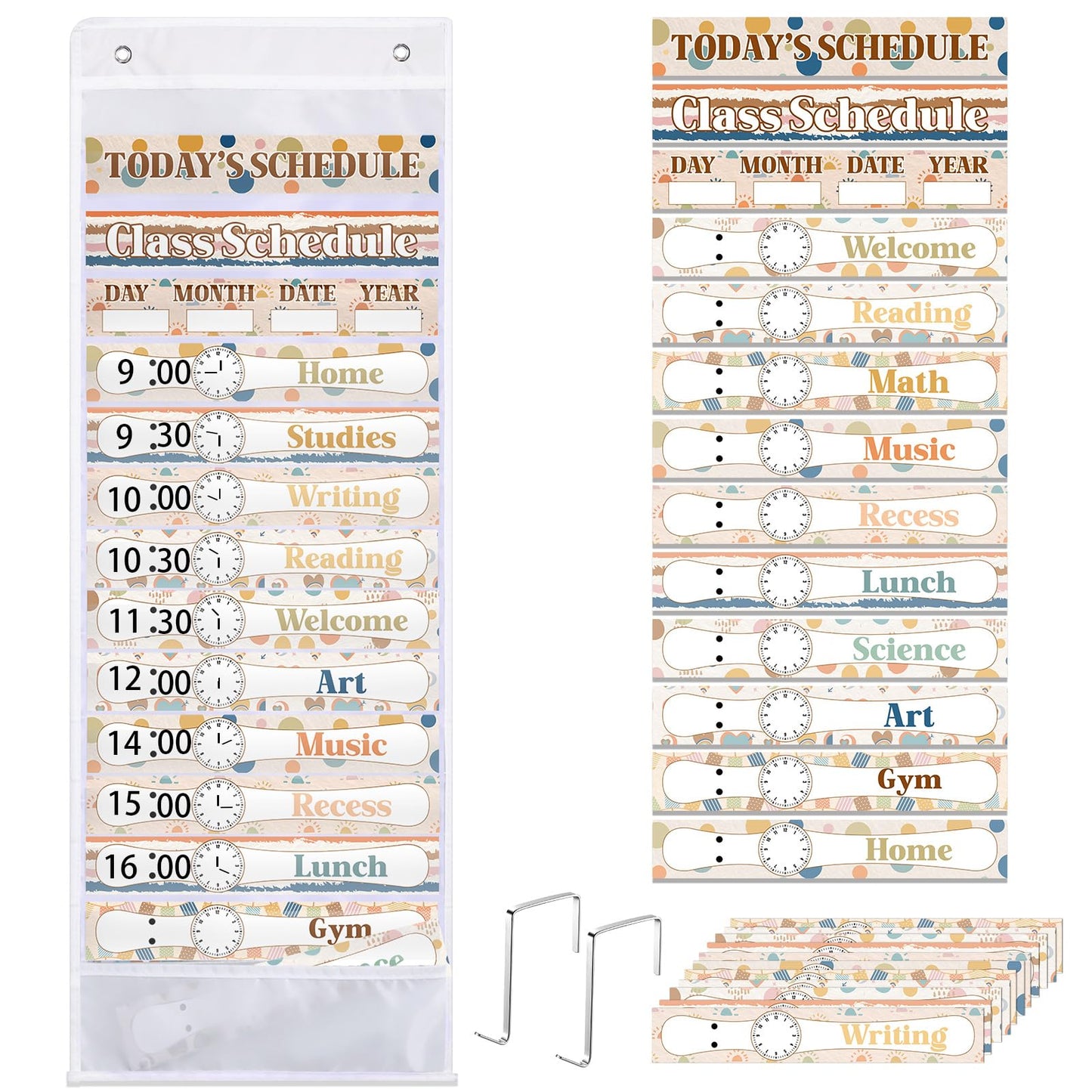 Sunnymove Daily Schedule Pocket Chart for Classroom Decor with 13+1 Pockets and 42 Designed Schedule Cards, Teacher Supplies for Preschool Classroom Home Office Back to School Decorations(Boho)
