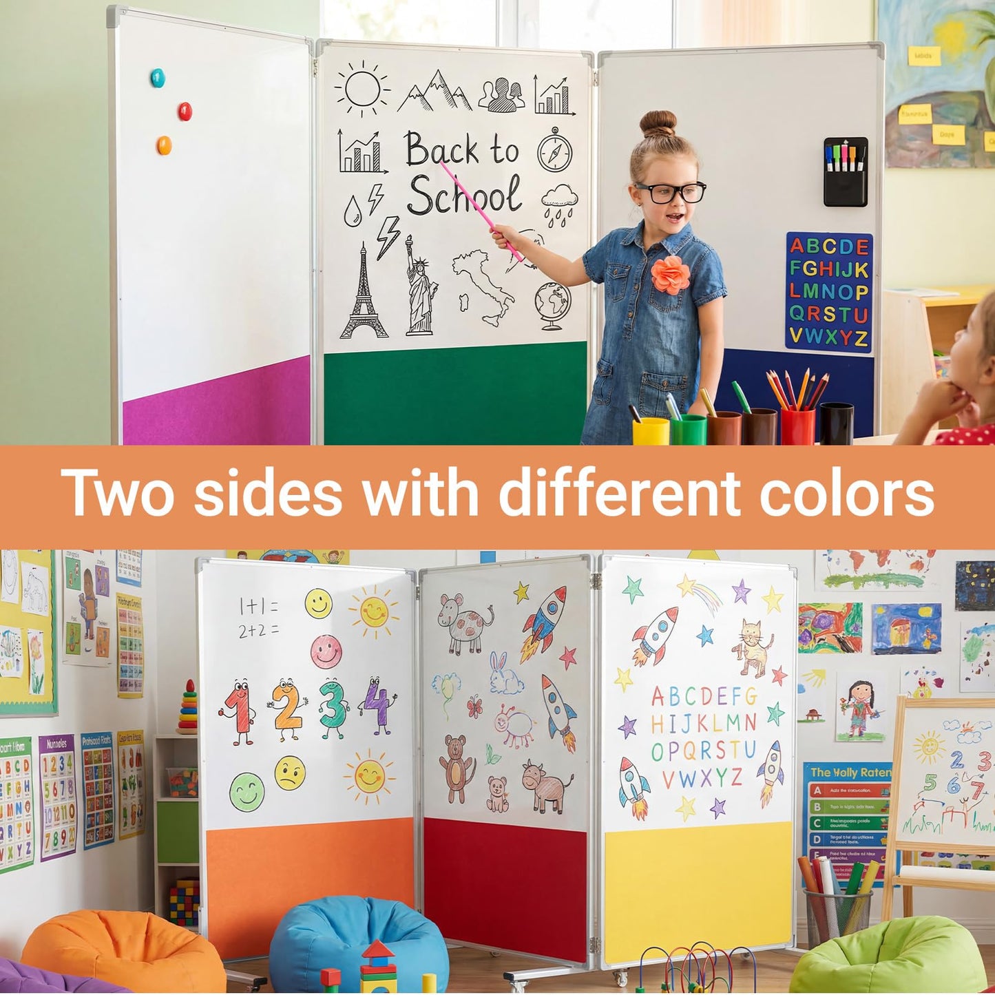 AmazingSpark Set of 3 Classroom Dividers for Room Separation, 4 x 8 ft Short Play Panels for Room Divider, Double-Sided Magnetic Dry Erase Board and Felt Board for Preschool(Bright)