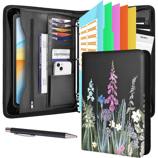 Leathario Portfolio Binder, Includes 5 Folder Index Dividers and 3 Notepads, 3-Ring Folder Organizer, Padfolio with Zipper, Vegan Leather Tablet Sleeve, Business Office Conference Clipboards