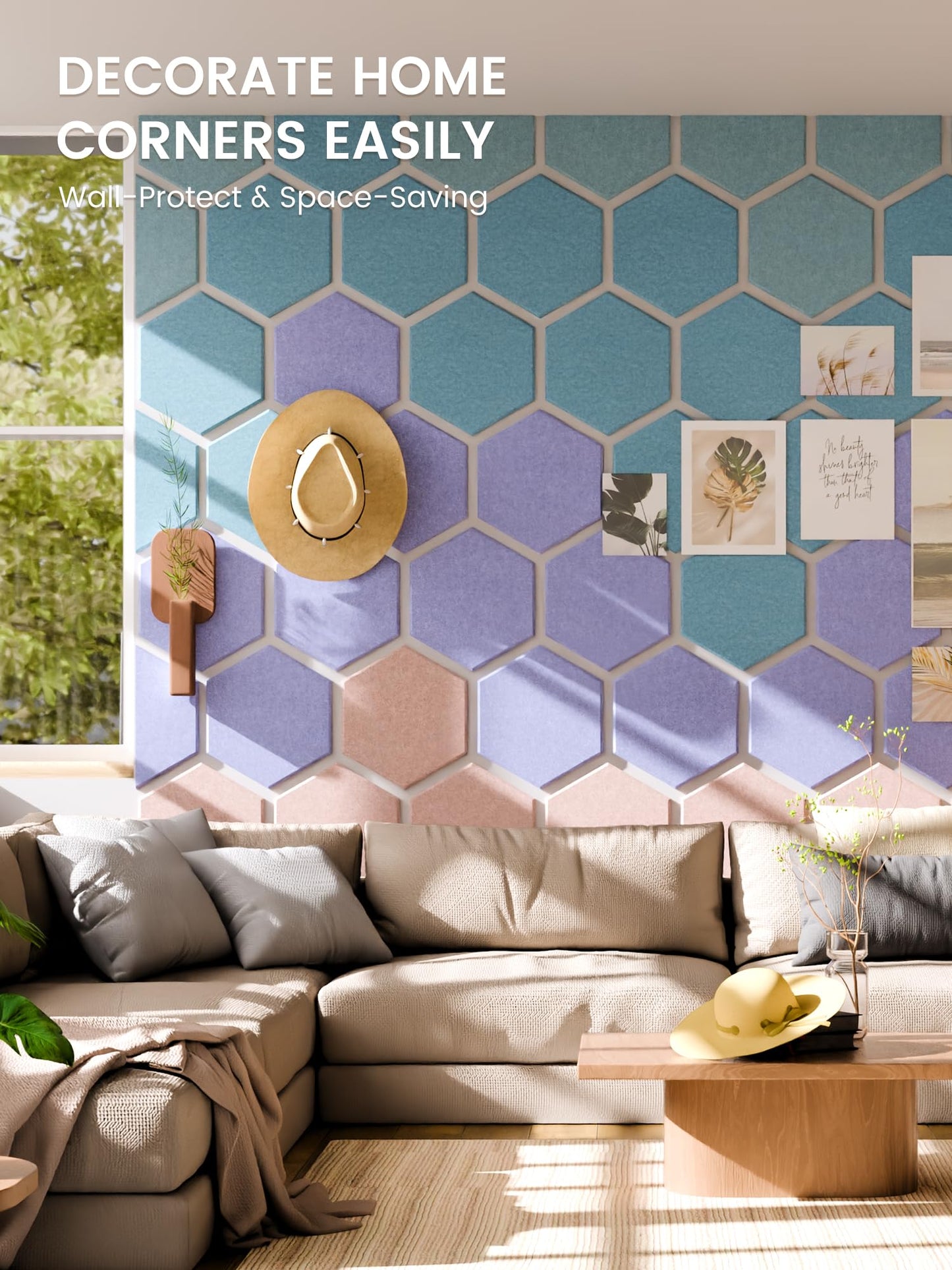 Fluxynara Hexagon Cork Board Alternative for Walls Decor-12-Pack Felt Bulletin Board Tiles,with 30 Pushpins,70 Adhesive Tabs for Office,Classrooms & Home Pin Board Felt Board-Coastal Haze