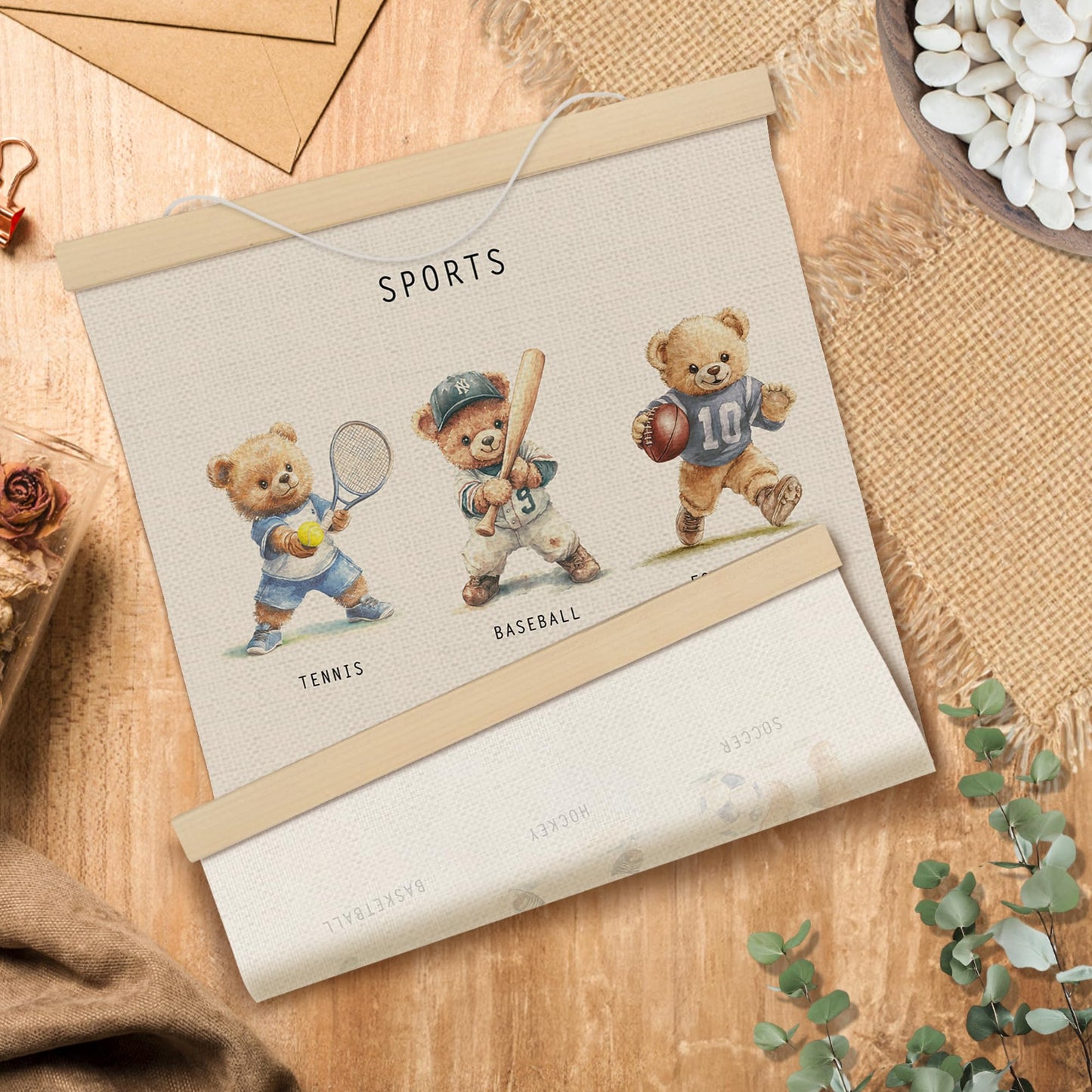 MOTERMATE Bear Sports Poster Hanger Frame, Bear Nursery Wall Hanging Decor Art Framed for Toddlers Kids Boys Room Nursery Playroom, Sports Kids Wall Poster Prints, 12x16 Inch