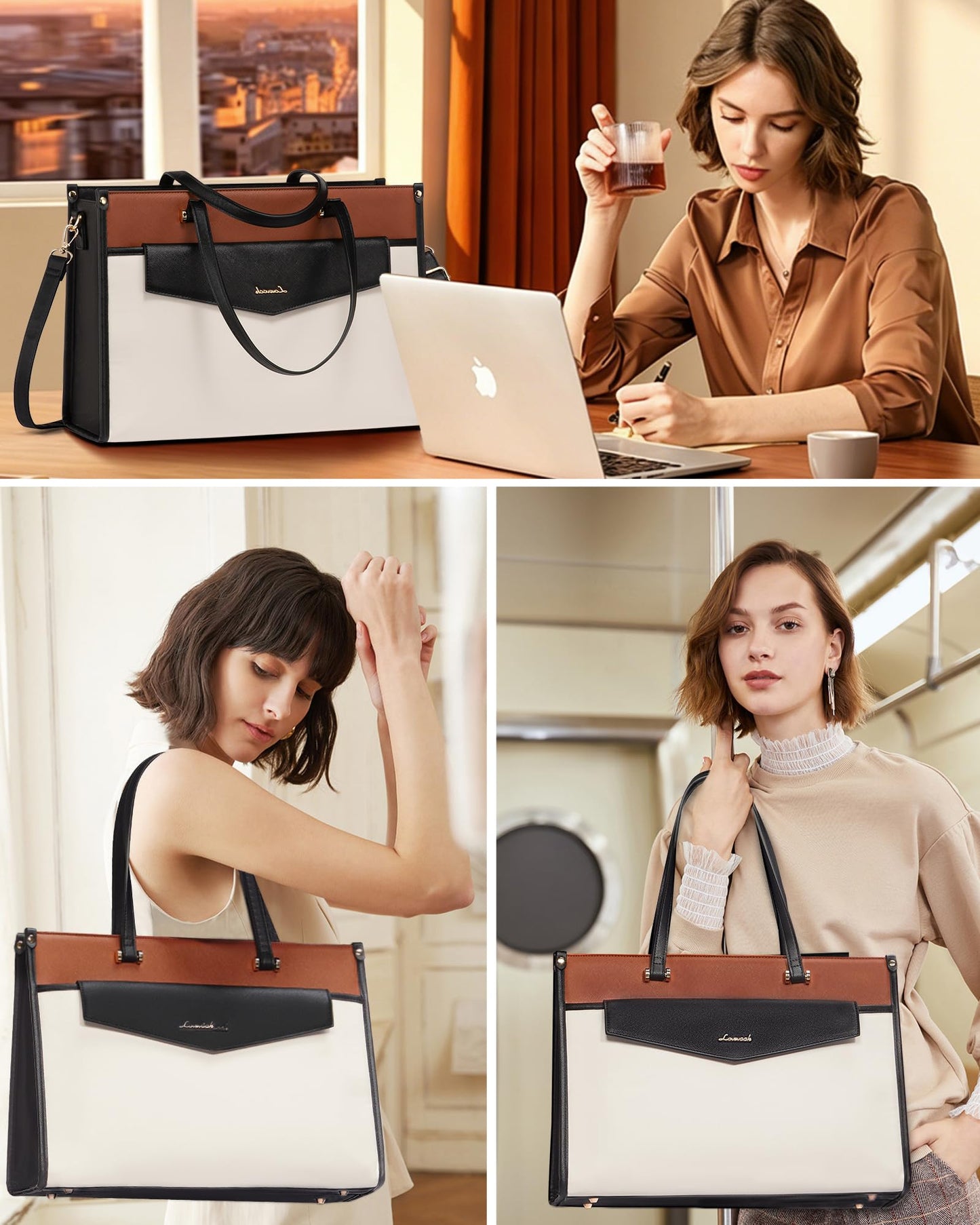 LOVEVOOK Laptop Bag for Women, 15.6'' Laptop Tote Purse 2-in-1 Professional Work Bag Business Briefcase with Clutch Purse, Waterproof Leather Computer Handbag for Teacher Office Travel