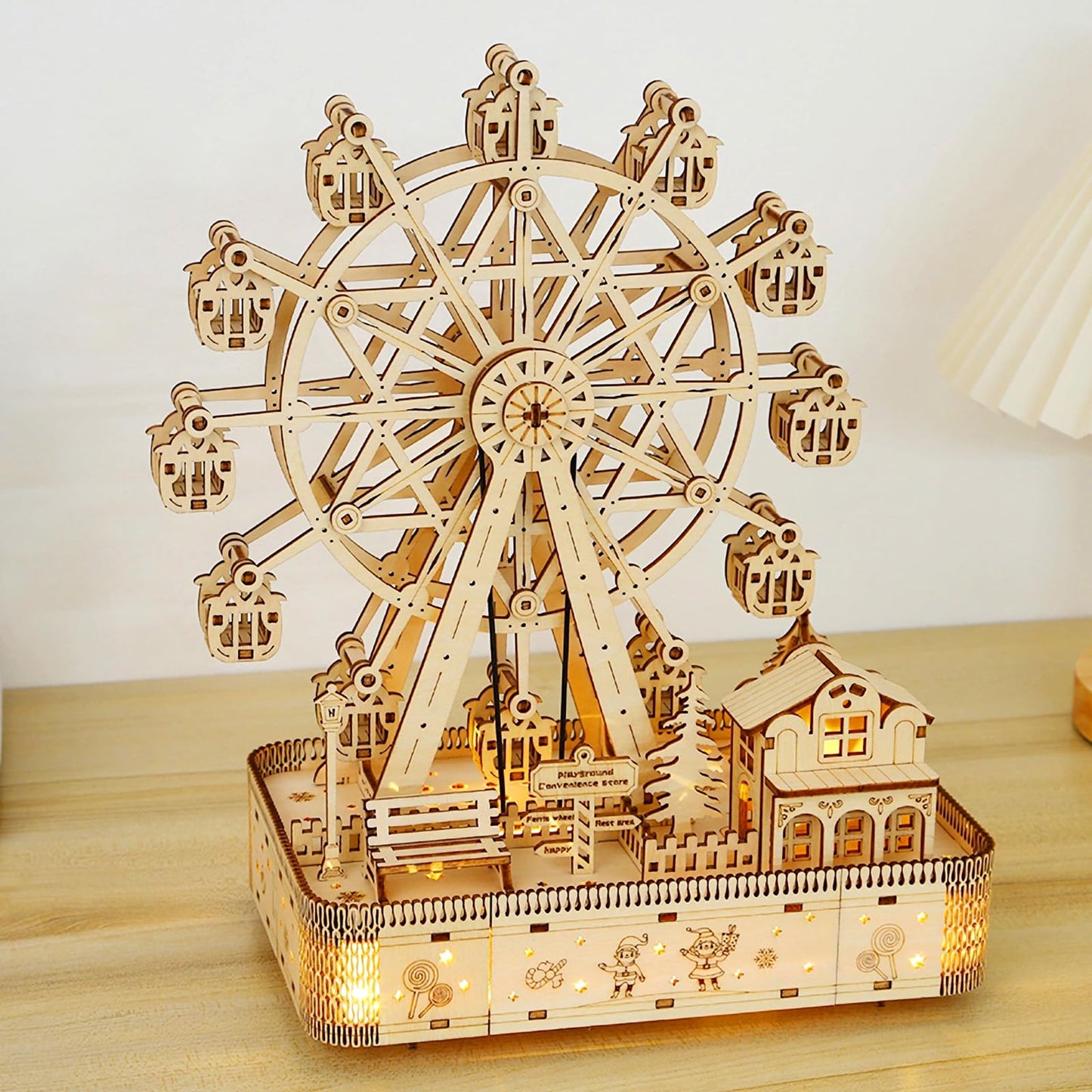 Foyucool Wooden 3D Puzzle for Adults - DIY Ferris Wheel Model Kit with Music Box & LED Lights, Mechanical Assembly Building Set, Creative Craft Gift for Friends and Family, Age 14+