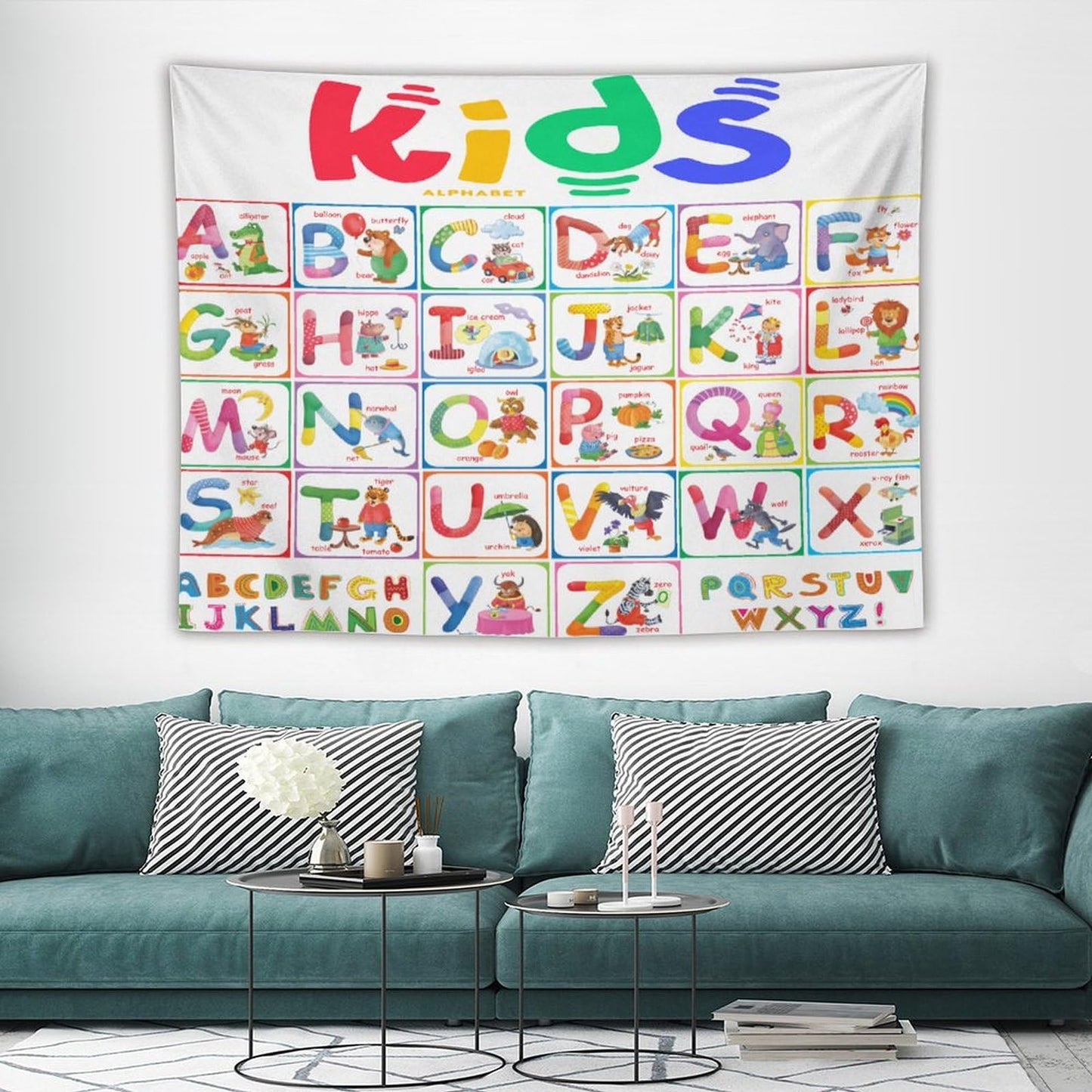 DDCBNS Learning ABC Tapestry,Cartoon Animals Alphabet for Kids Boys Girls,Funny Educational Tapestry Wall Hanging Home Décor for Nursery Study Classroom Bedroom Living Room 80" x 60"