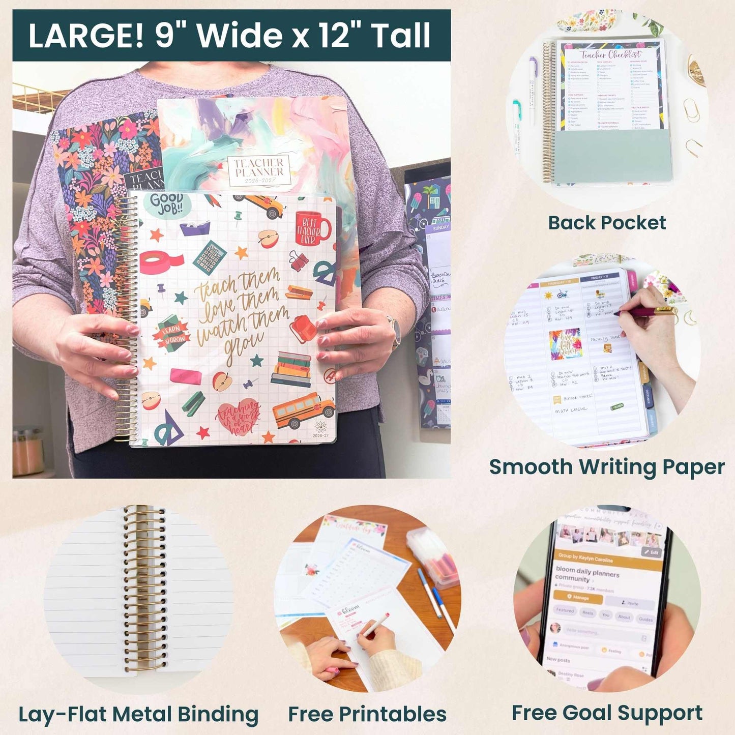 bloom daily planners 2026-2027 Academic Year Teacher Planner & Calendar - 7 Period Lesson Plan Organizer Book for Classroom or Homeschool - 9" x 11" (Interchangeable Cover) - Bold & Bright
