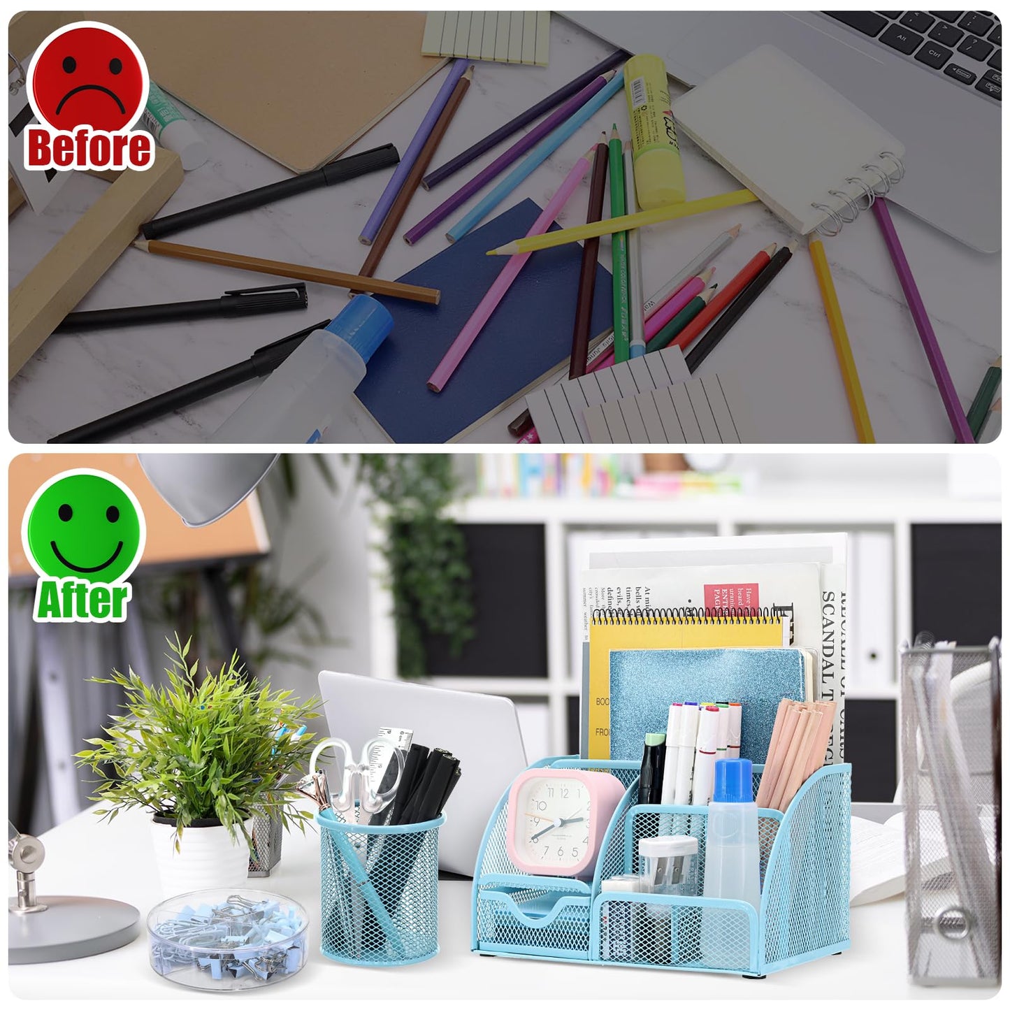 13-in-1 Office Desk Organizer Set with Stapler and Tape Dispenser, Pen Holder, Scissors, Ruler, Hole Punch, 2 Pens & More Desktop Accessories for Back to School Supplies (Blue)