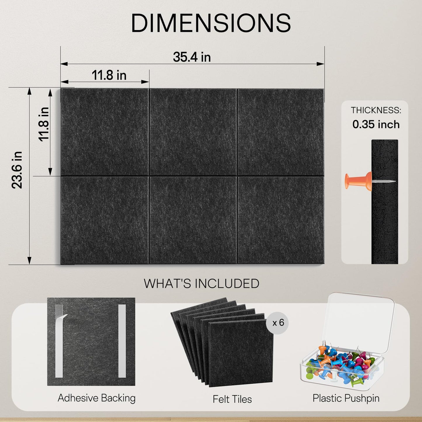 MaxGear Large Cork Board for Wall 36" x 24", Dark Gray Bulletin Board, 6 Pack Felt Wall Tiles with Pushpins, Cork Boards for Office Pin Board Tack Board Cork Boards