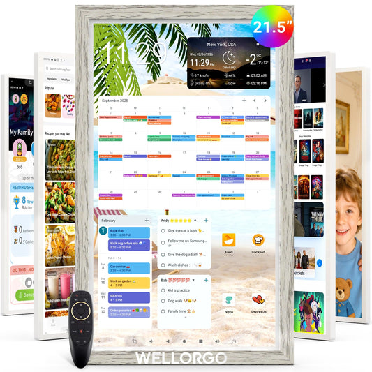 WELLORGO Digital Calendar, 21.5-inch Electronic Calendar for Family Schedules, Touch Screen Smart Planner with Kids' Chores Chart/Meal Plan/Streaming Services, w/Frame, Remote Control & Desktop Stand