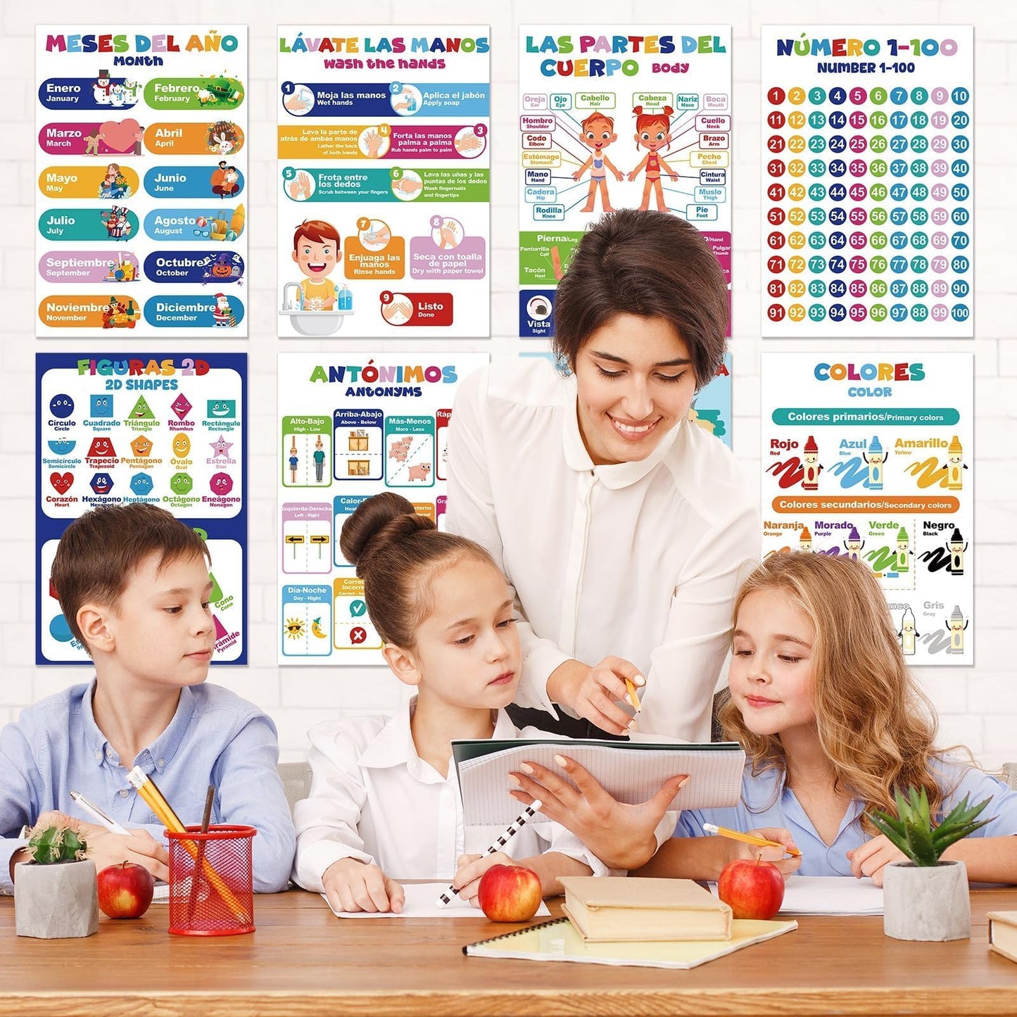 EggSun 16 Pcs Bilingual Learning Posters for School Classroom Decorations, 11 x 16in Poster Charts for Teachers Primary Middle High School Supplies Education Classroom Bulletin Board Wall Decor