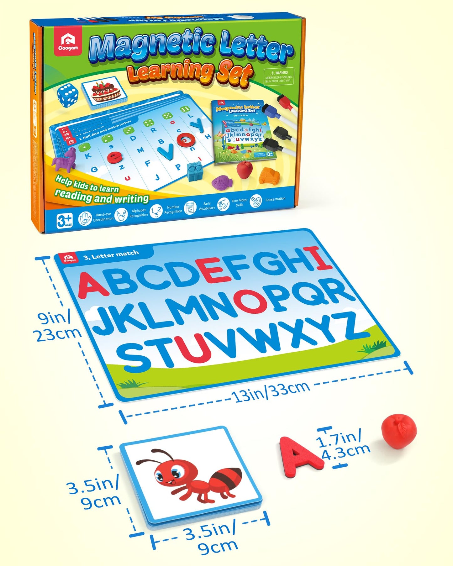 Coogam Preschool Alphabet Learning Activities, Magnetic EVA Letters Matching & Handwriting Game, Educational ABC Recognition with 6 Pattern Cards, Phonic Manipulatives Toys for Kids Age 3+