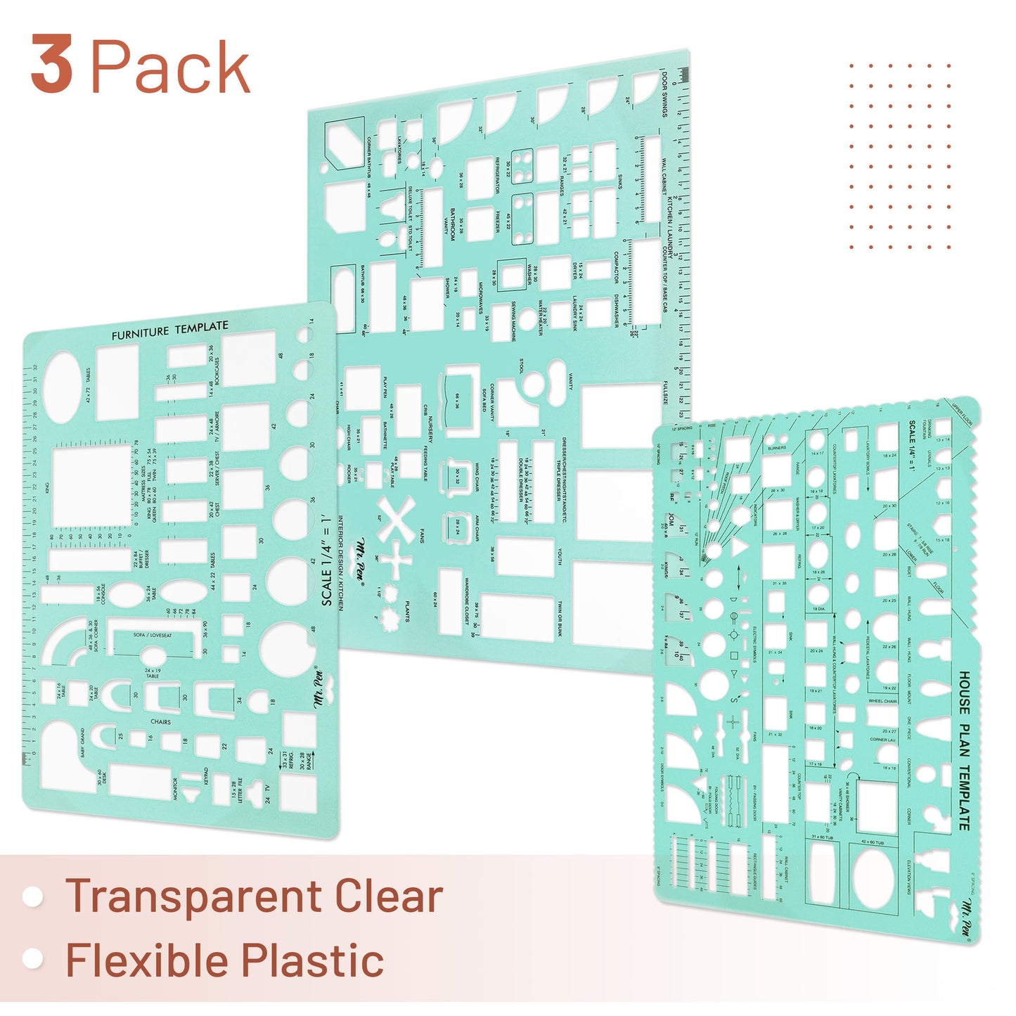 Mr. Pen- House Plan, 3 pcs, Interior Design and Furniture Templates, Clear Flexible Plastic, Drafting Tools, Ruler Shapes for Architecture, 1/4 Inch Scale, Kitchen, Bath, Bedroom, Office, Living Room