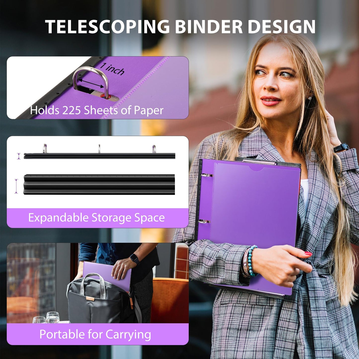 WOT I Telescoping Project Organizer, Refillable 3 Ring Binder with Dividers and Pockets, 13 Pocket Folders, 1 Inch 3 Rings, Purple