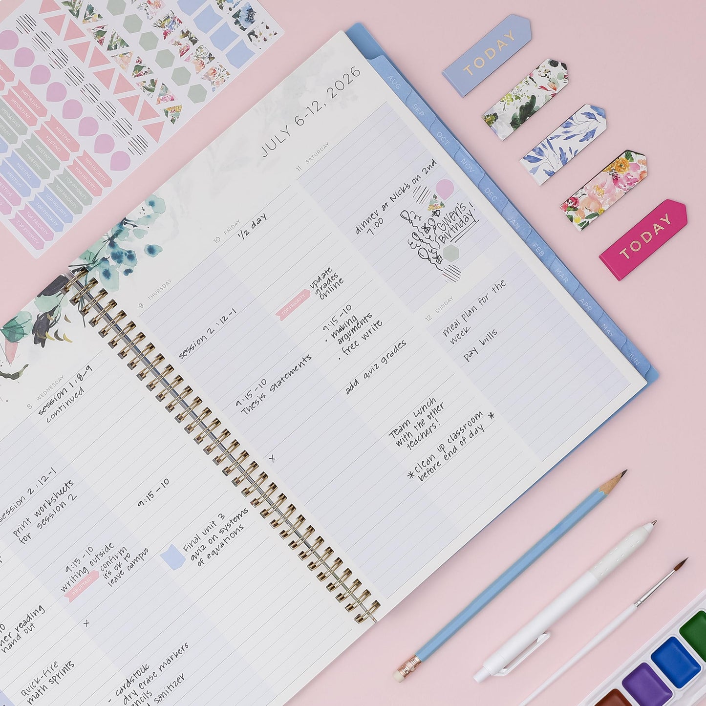 Blue Sky Kelly Ventura 2026-2027 Weekly and Monthly Academic Year Student Planning Calendar, July 2026 - June 2027, 8.5" x 11", Flexible Cover, Wirebound, Laminated Tabs, Storage Pocket, Magnetic & Snap In Book Marks, Includes Stickers, Blooming