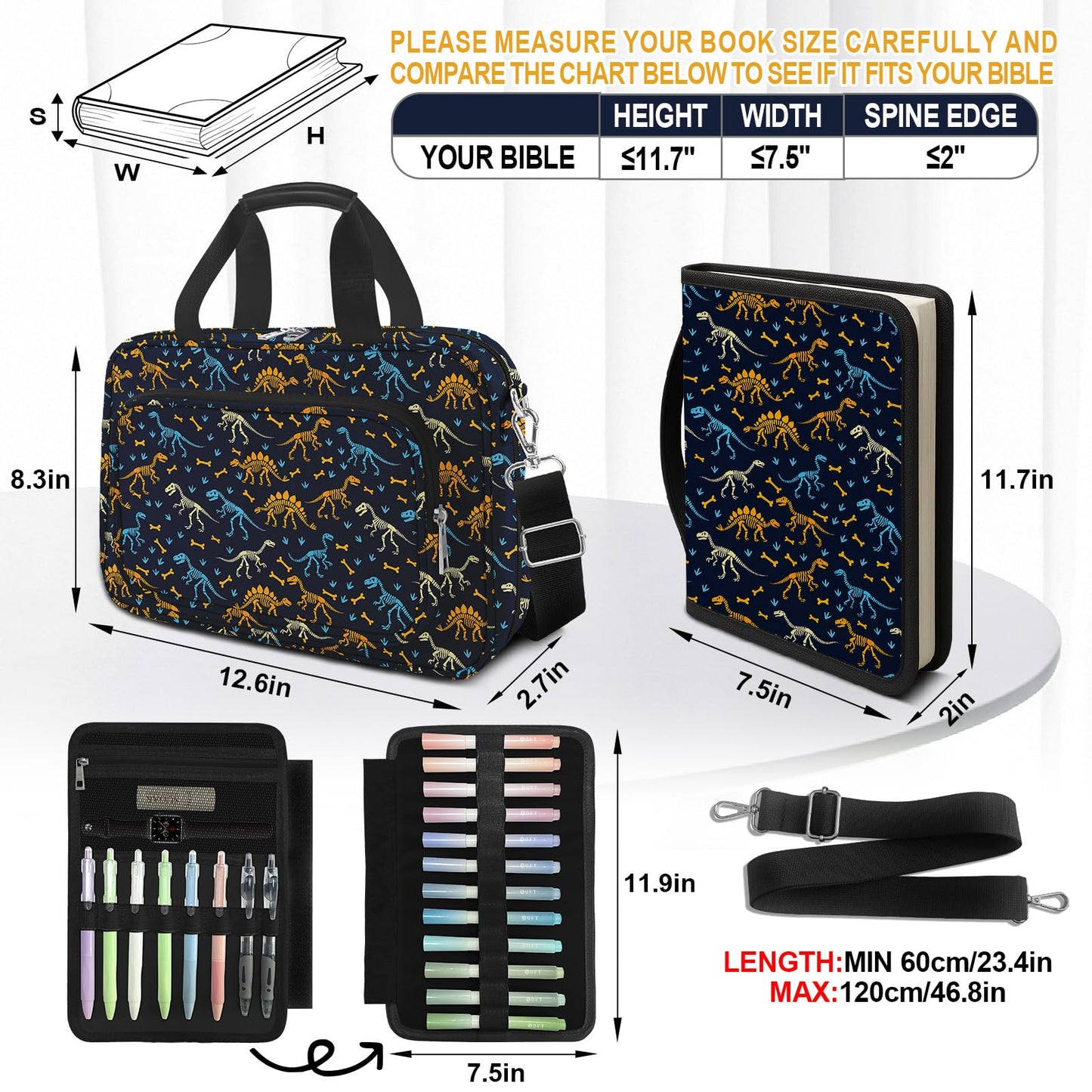 IBOVODI Dinosaur Bible Cover Case for Kids Boys Mens, Large T-rex Bible Carrying Book Case Church Bag Strap Handle Zipper Pocket, Bible Study Supplies Journaling Kit, Highlighters Pens Cross Clips