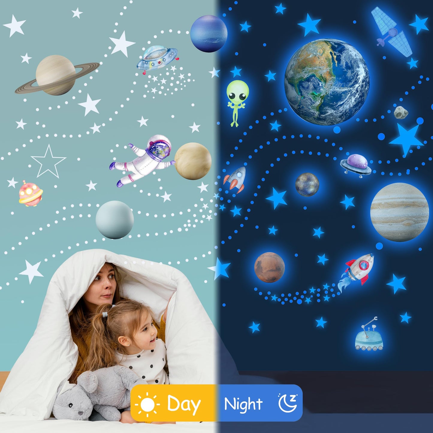 Glow in The Dark Stars Solar System Wall Decals, Star and Planets Stickers for Ceiling, Kids Wall Sticker Space Room Decor (Blue)
