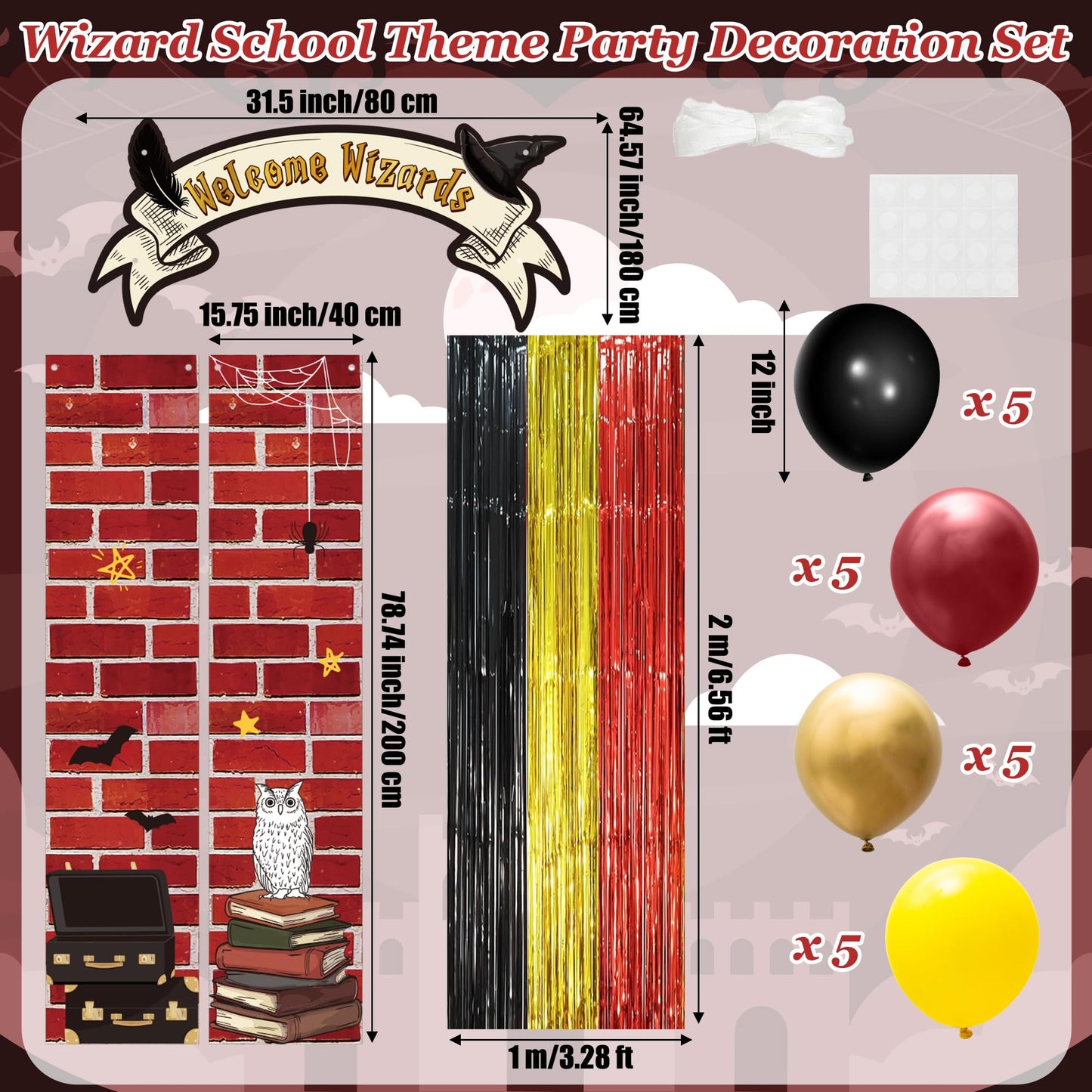JewGewenil Wizard School Theme Party Banners - 25Pcs Black Red Gold Foil Fringe Backdrop Curtains and Balloon Decoration Set, Magic Inspired Design for Classroom Birthday Photo Booth (Welcome Wizard)